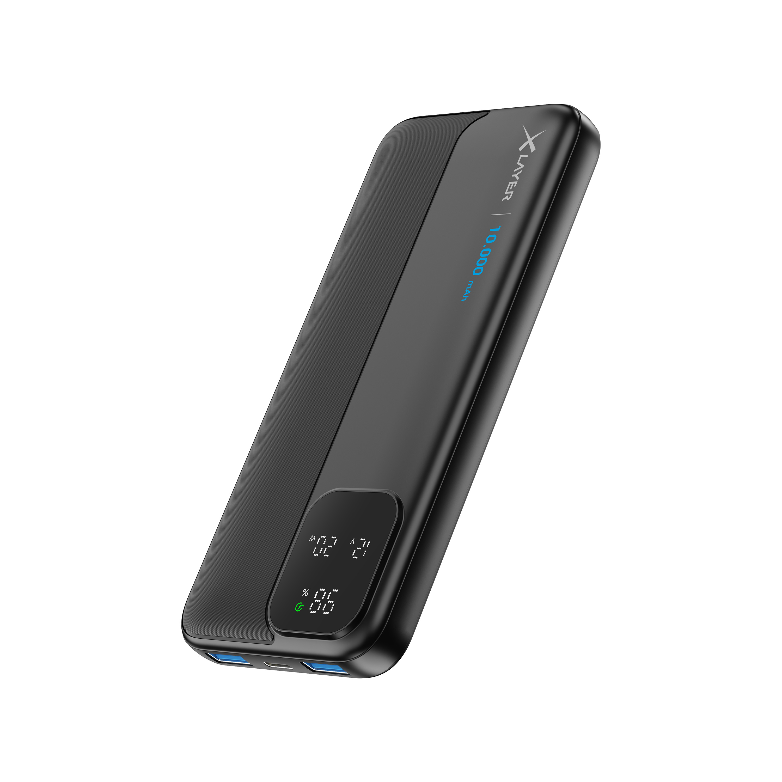 Eine schwarze Powerbank mit digitaler Anzeige, mit blauem und schwarzem Design.