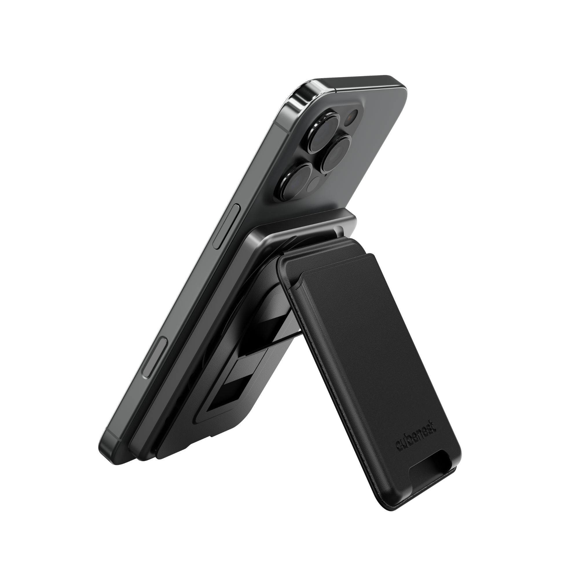 Ein schwarzes Telefon mit einem schwarzen Ständer. Das Telefon ist abgewinkelt und der Ständer ist hinten.