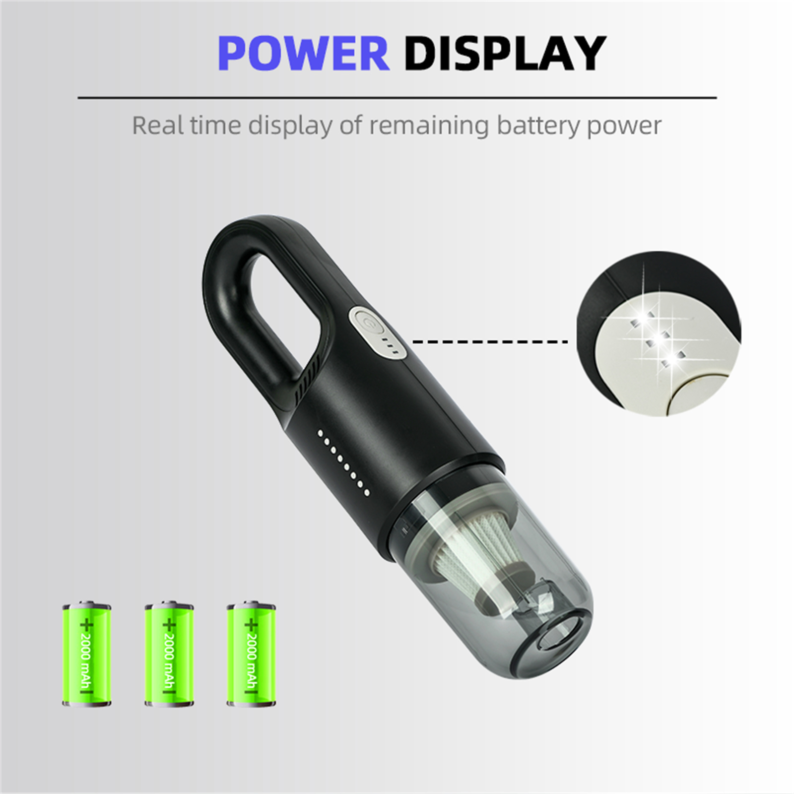 Ein schwarzer Handstaubsauger mit Leistungsanzeige und drei grünen Batteriesymbolen.