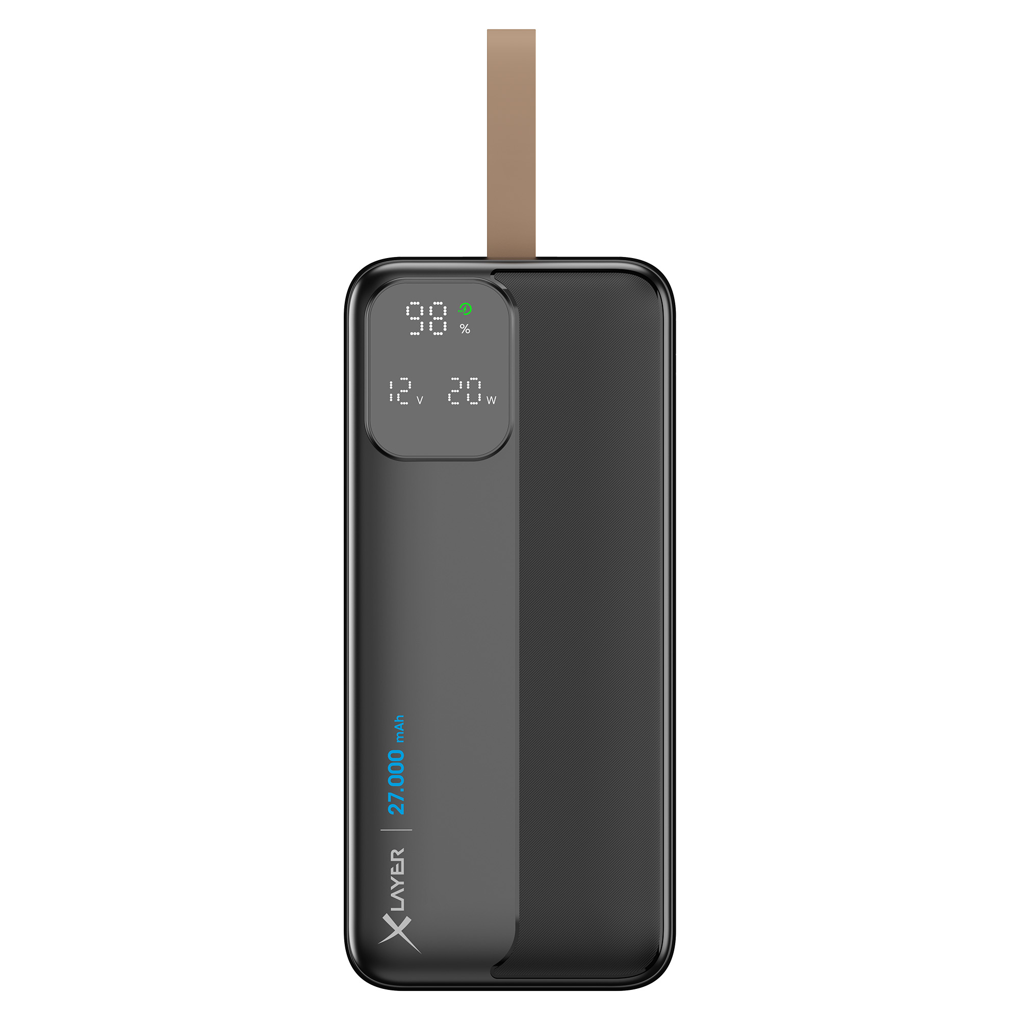 Schwarze Powerbank mit Anzeige von 98% Ladung und braunem Riemen.