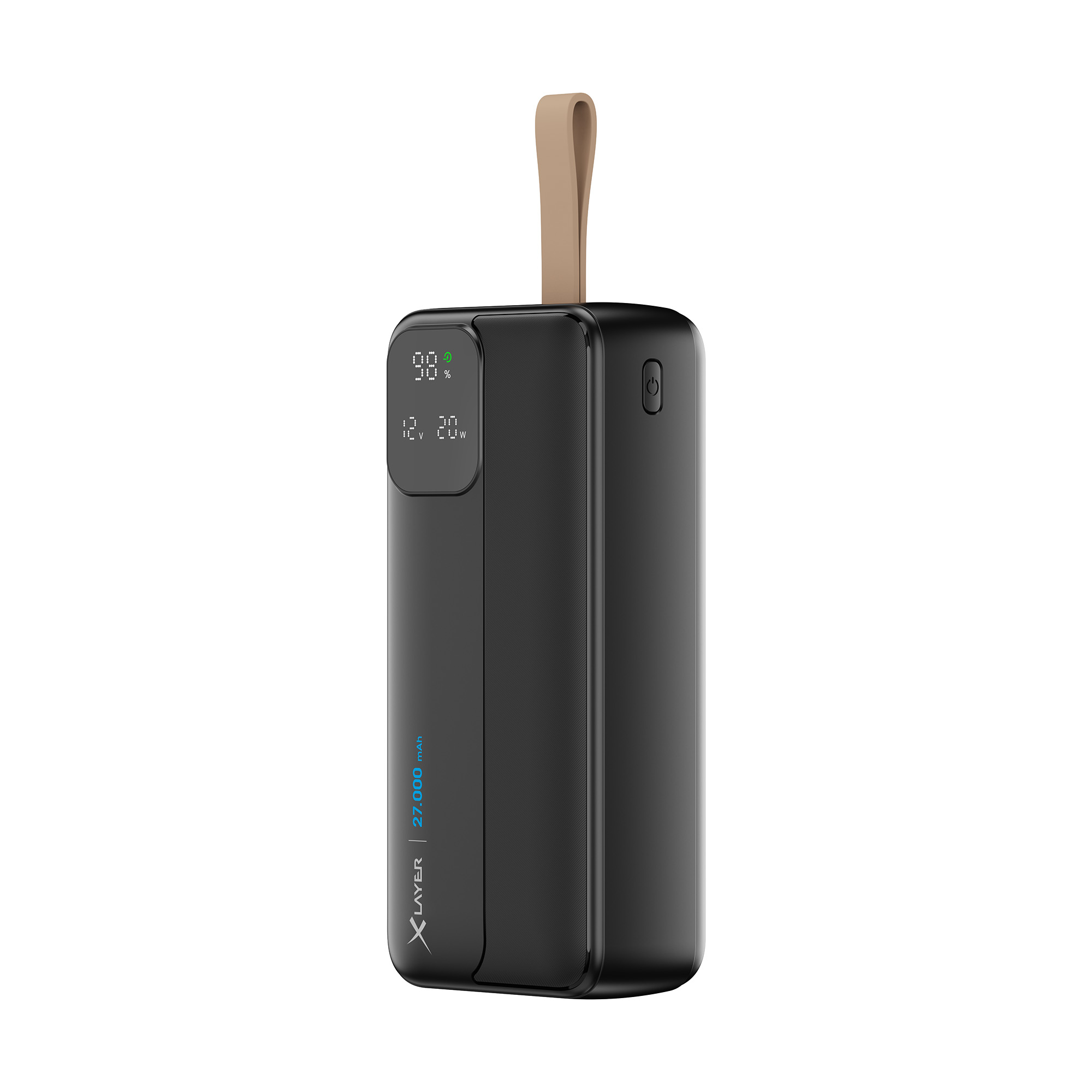 Schwarze Powerbank mit Display, das 99% und andere Zahlen anzeigt. Sie hat einen beigefarbenen Tragegurt.