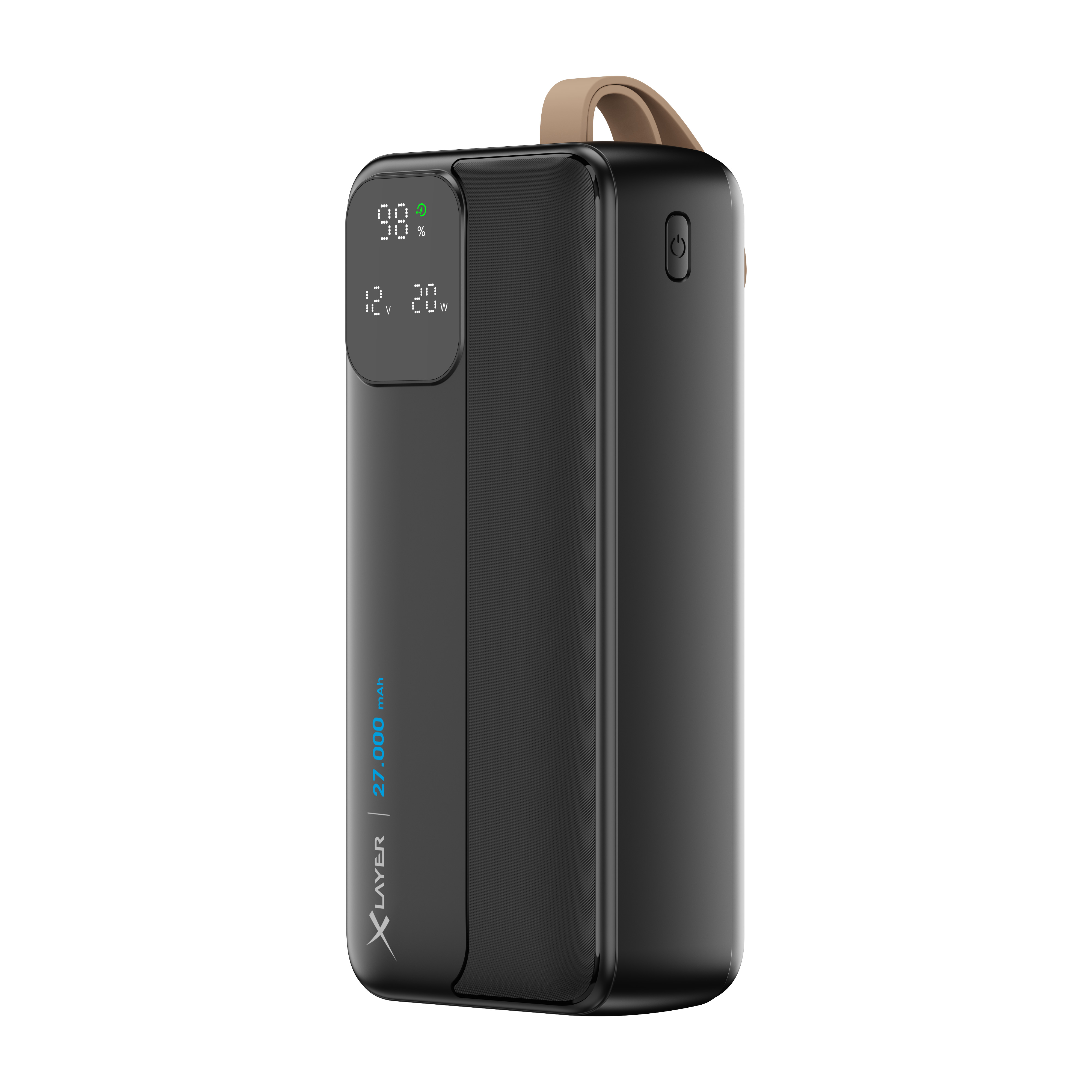 Schwarze Powerbank mit Digitalanzeige für Akkulaufzeit und Leistung. Sie hat einen braunen Riemen.