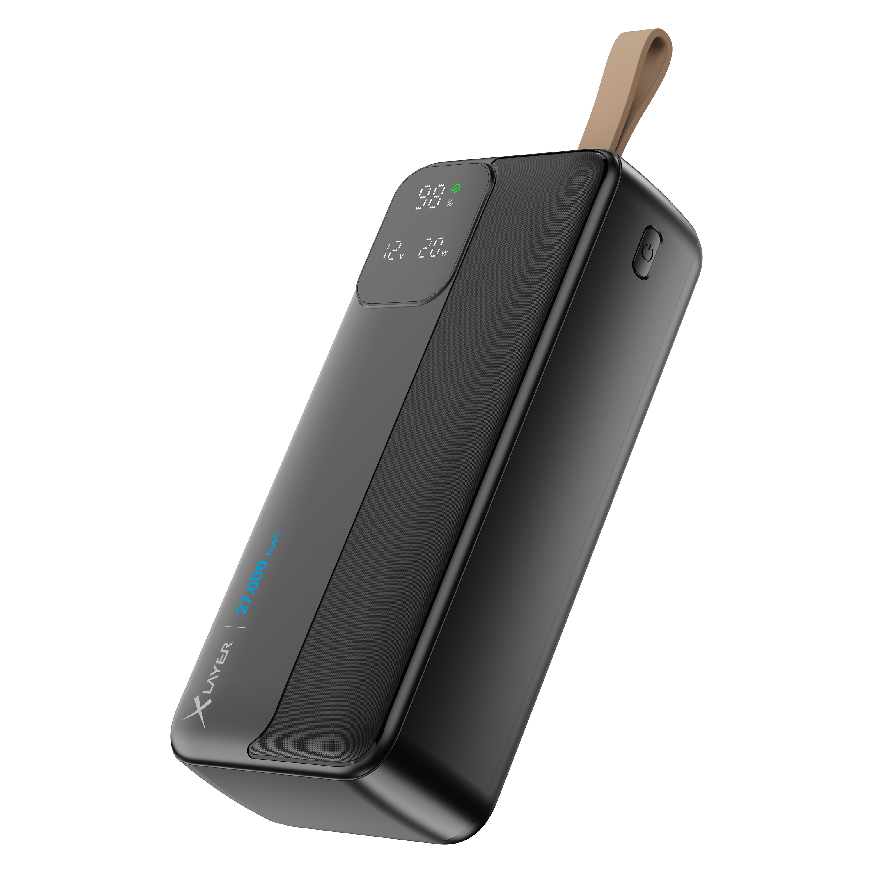 Eine schwarze Powerbank mit digitaler Anzeige und einem beigefarbenen Riemen. Die Powerbank befindet sich auf weißem Hintergrund. Sie hat 27000 mAh.