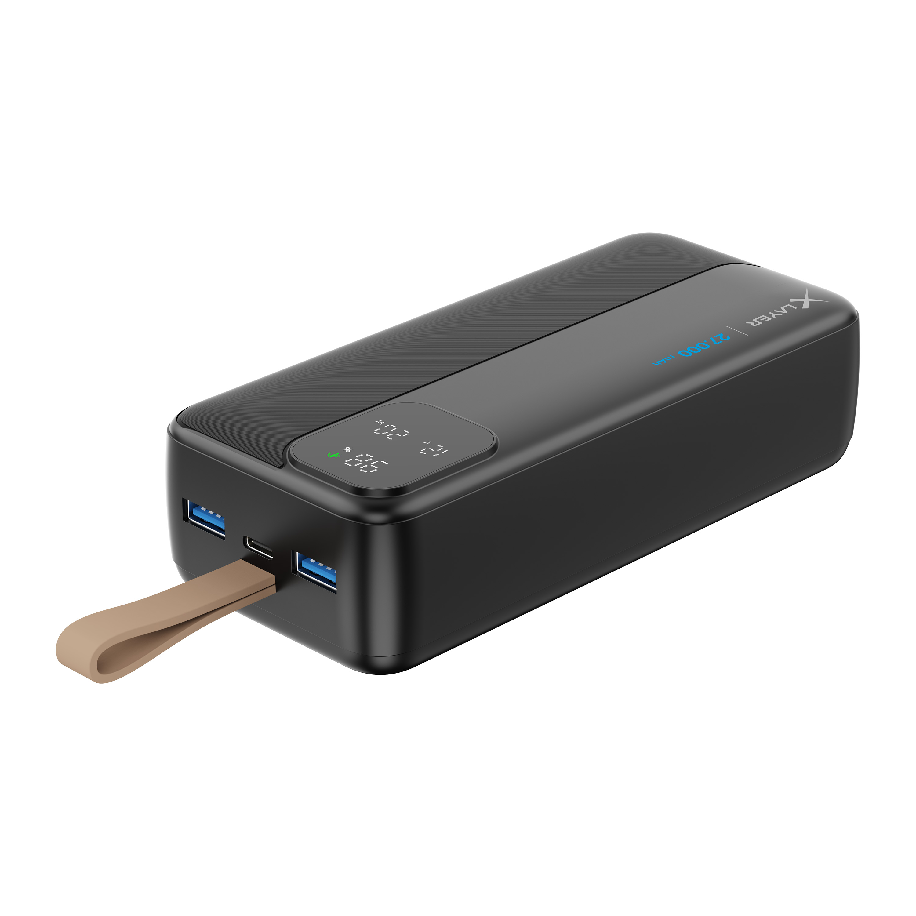 Schwarze Powerbank mit brauner Schlaufe, zeigt den Akkustand an. USB-Anschlüsse sind sichtbar.