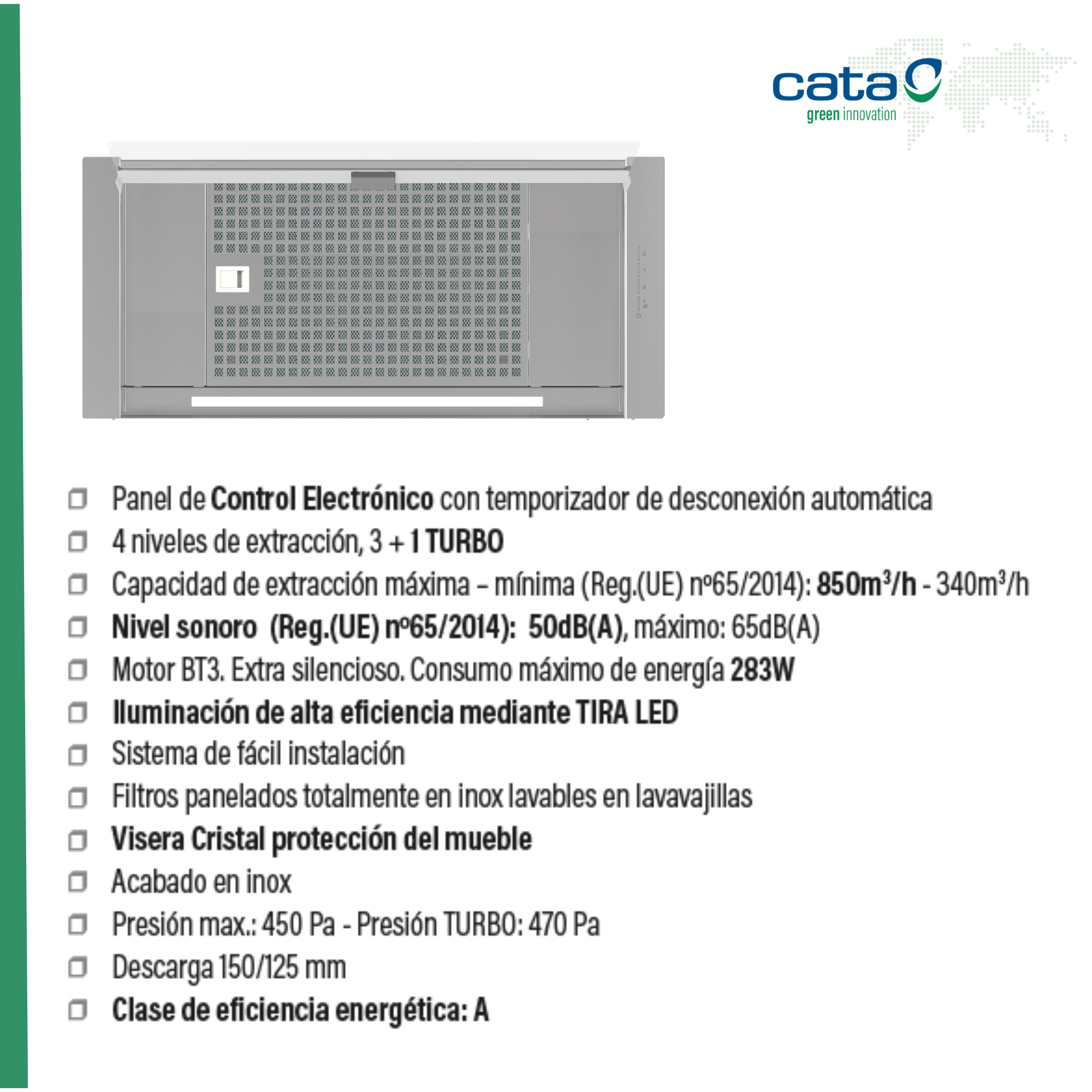 Una campana extractora con panel de control y una lista de funciones y especificaciones.