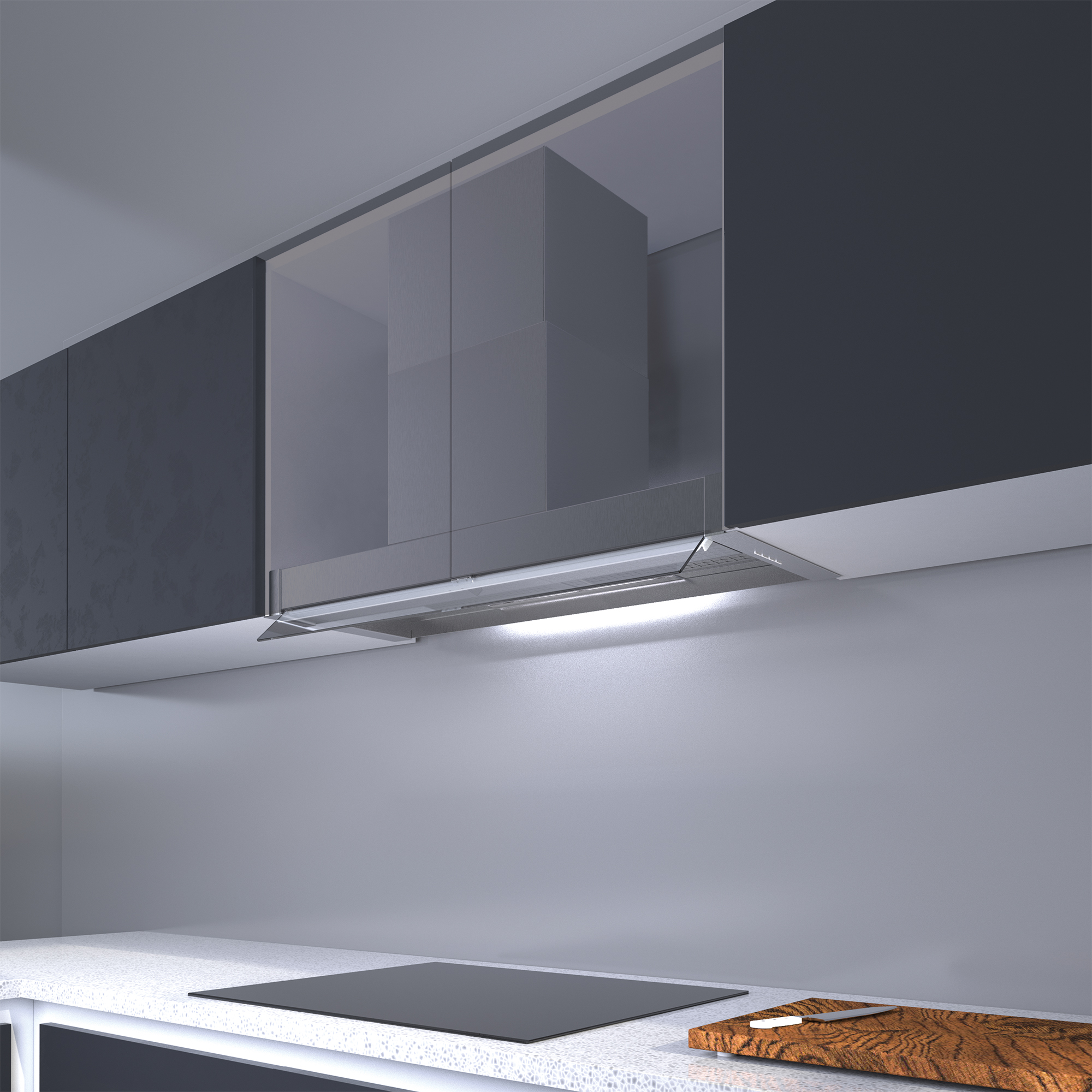 Cocina con campana extractora, placa de cocina y encimera. La campana es plateada y la placa es negra.