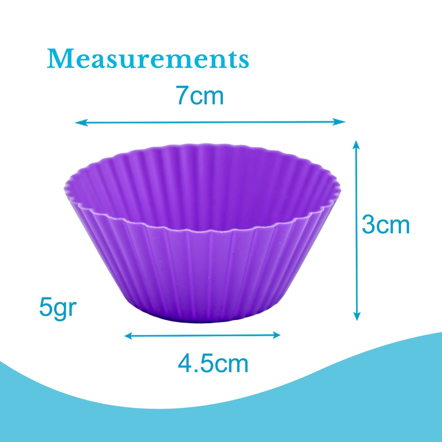 Eine lila Cupcake-Form. Maße: 7 cm Durchmesser, 3 cm Höhe, 4,5 cm Boden und 5 g Gewicht.