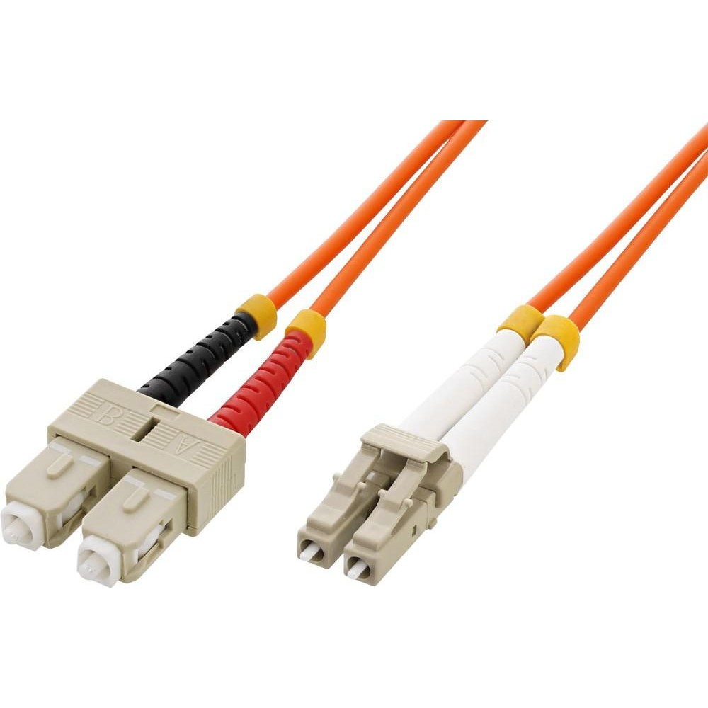 Due cavi in fibra ottica con connettori, arancione e nero/rosso.