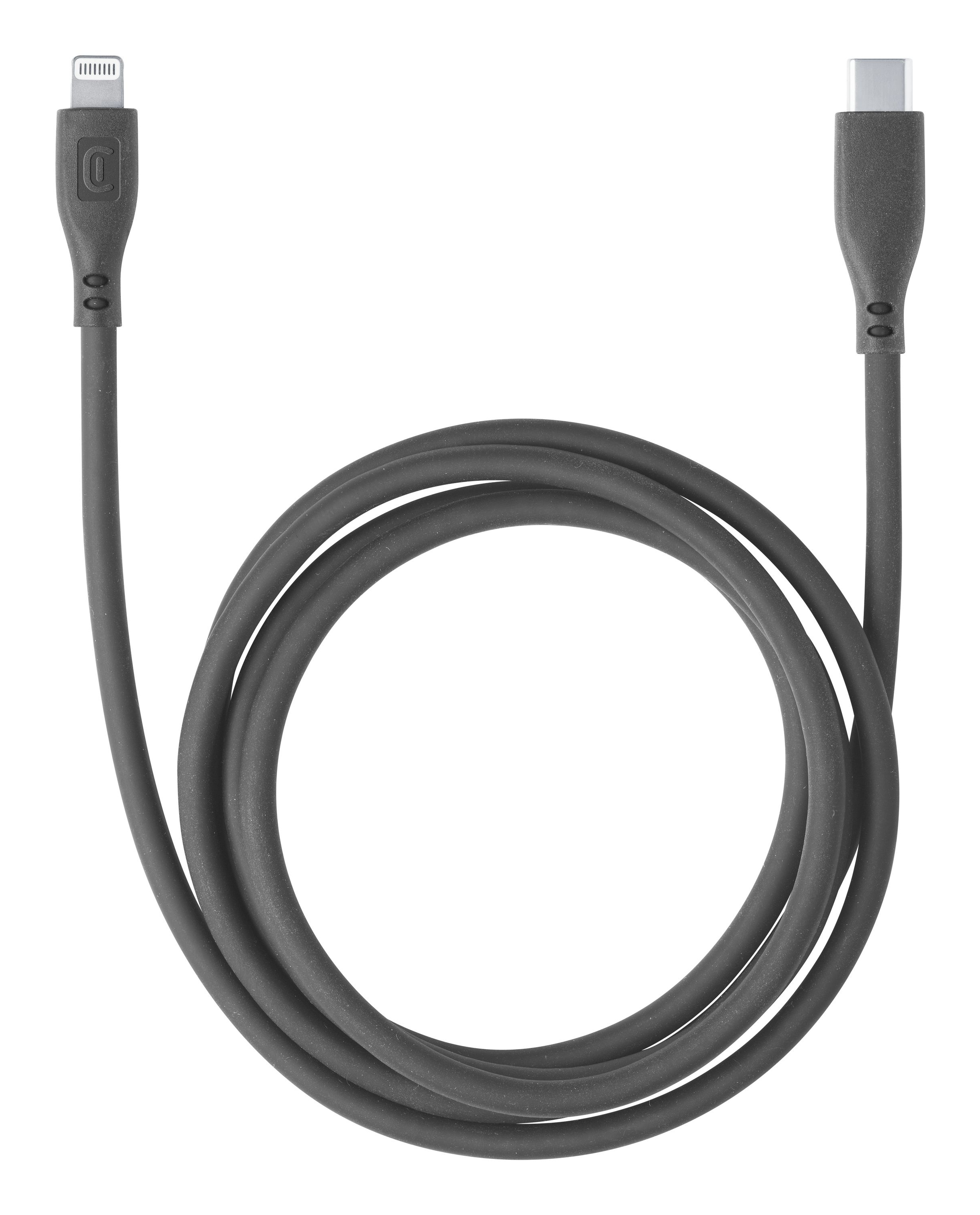 Câble gris USB-C vers Lightning, enroulé. Les deux extrémités sont visibles. Le câble est de forme circulaire.