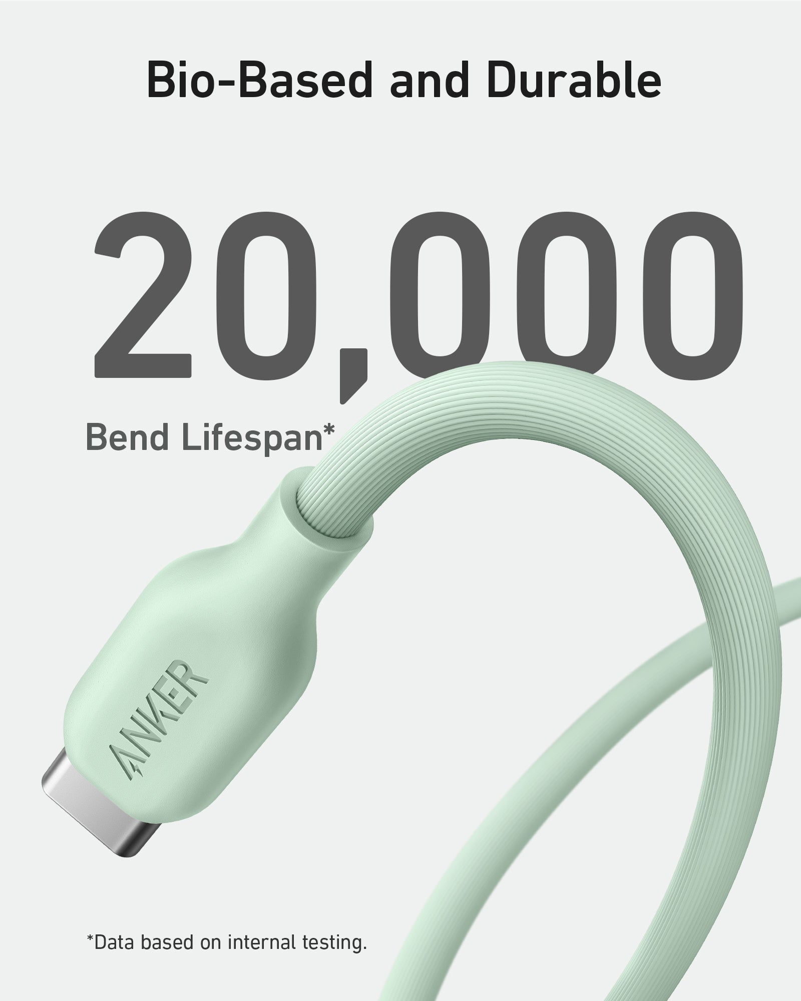 Jasnozielony kabel USB-C Anker z 20 000 cyklami zgięć. Tekst: Na bazie bio i trwały.