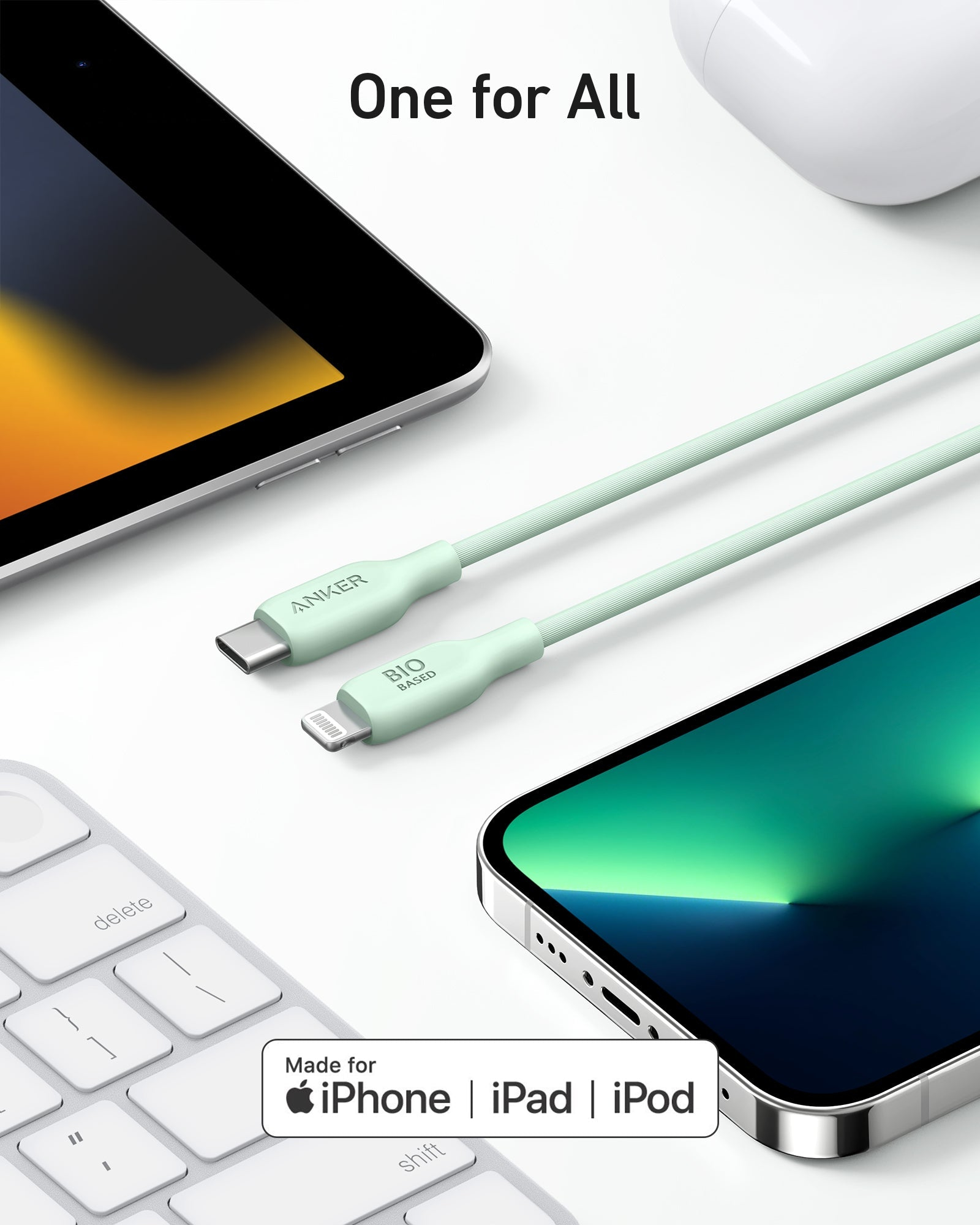 Biała klawiatura i zielony kabel z wtyczką USB-C i lightning obok tabletu i telefonu.