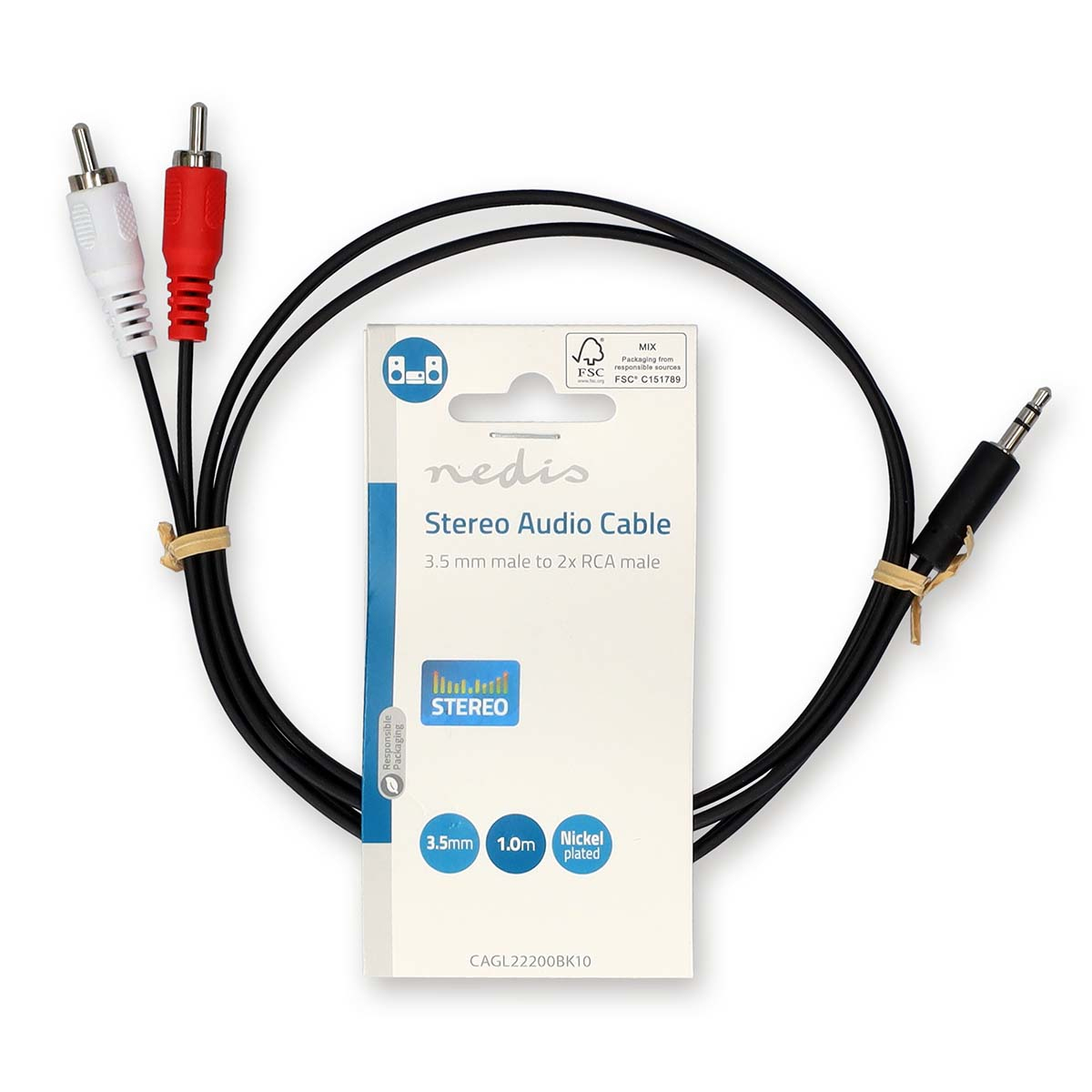 Stereo-Audiokabel mit 3,5-mm- auf 2x-Cinch-Steckern und Verpackung.