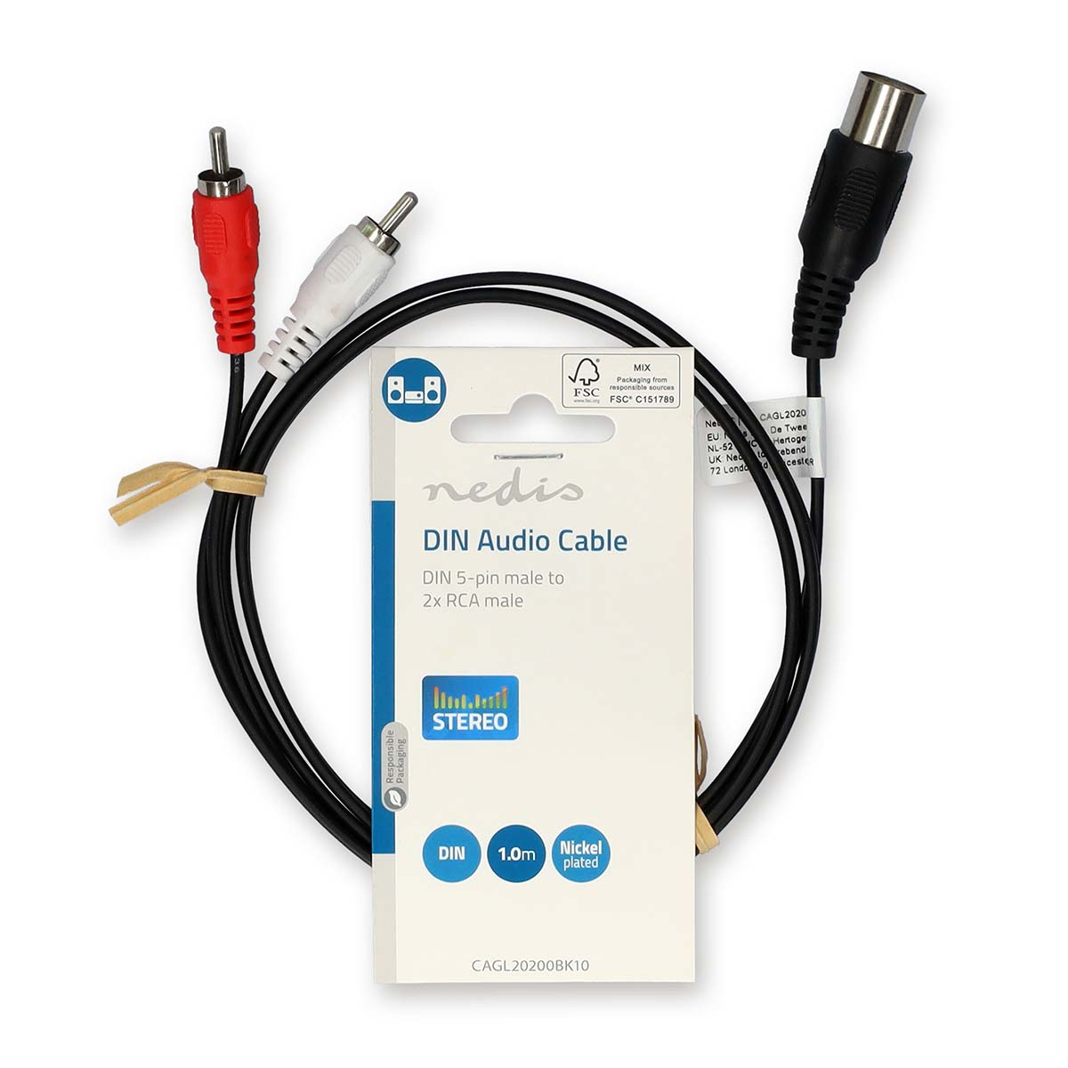DIN-Audiokabel mit roten und weißen Cinch-Anschlüssen und einem schwarzen DIN-Anschluss. Weißer Hintergrund.