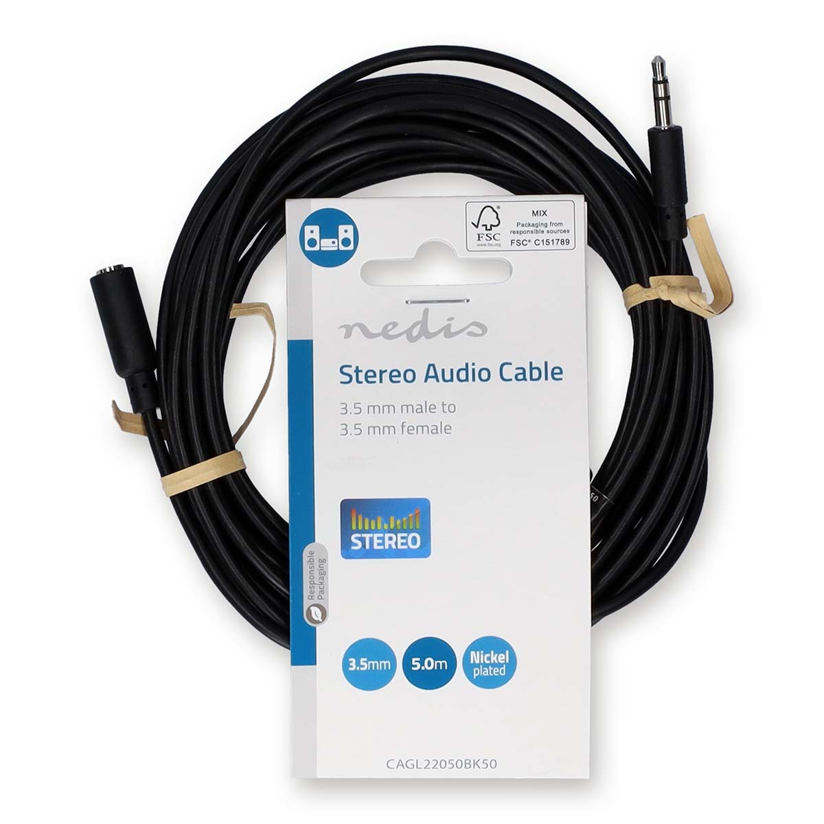 Kabel audio stereo z wtyczką 3,5 mm męski na żeński, zapakowany w kartonową osłonę.