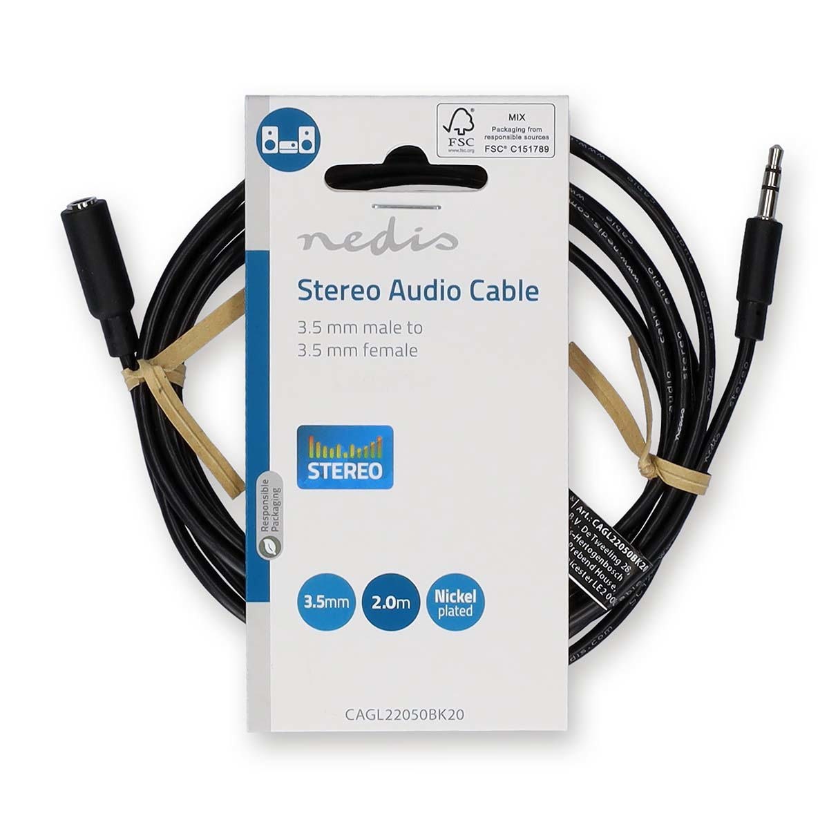 Kabel audio stereo w przezroczystym plastikowym opakowaniu. Kabel jest czarny.