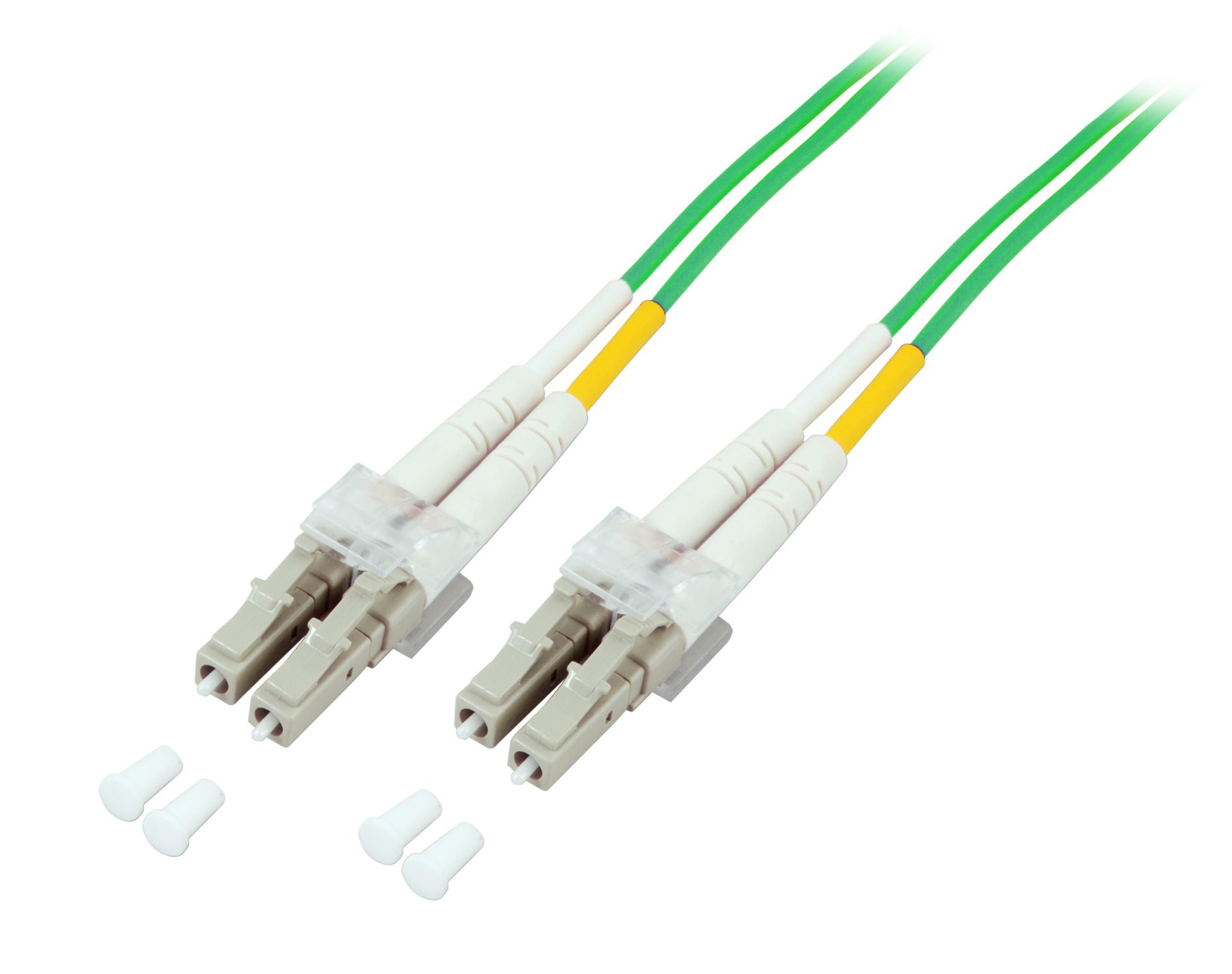 Due cavi in fibra ottica con connettori beige e verdi.