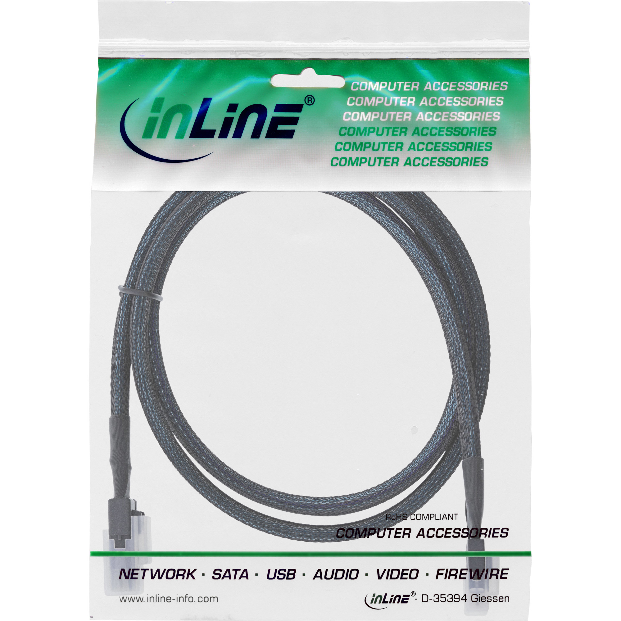 Schwarzes SATA-Kabel in einer transparenten Verpackung mit der Aufschrift 'inLine'.