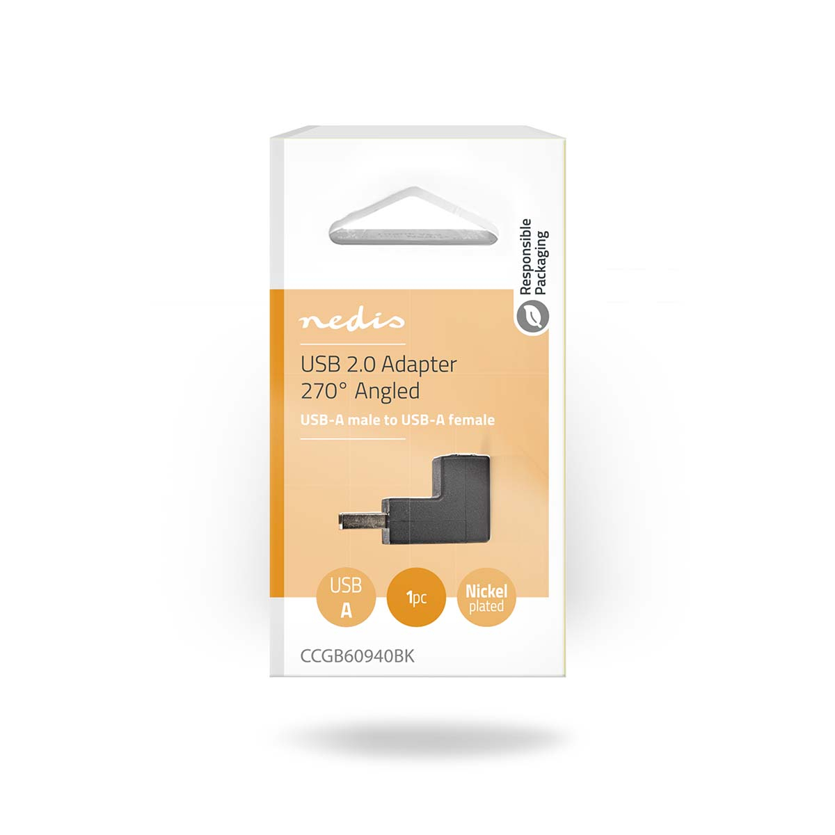 Adattatore USB 2.0 in scatola bianca con dettagli arancioni, info prodotto.