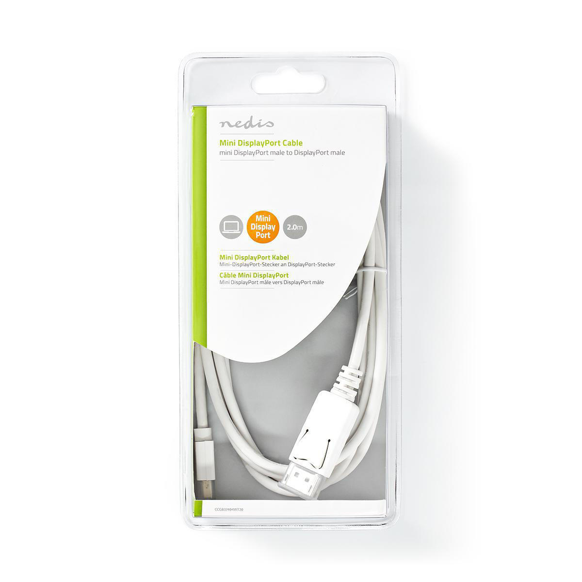Cavo Mini DisplayPort bianco in una confezione di plastica trasparente, con marchio visibile.