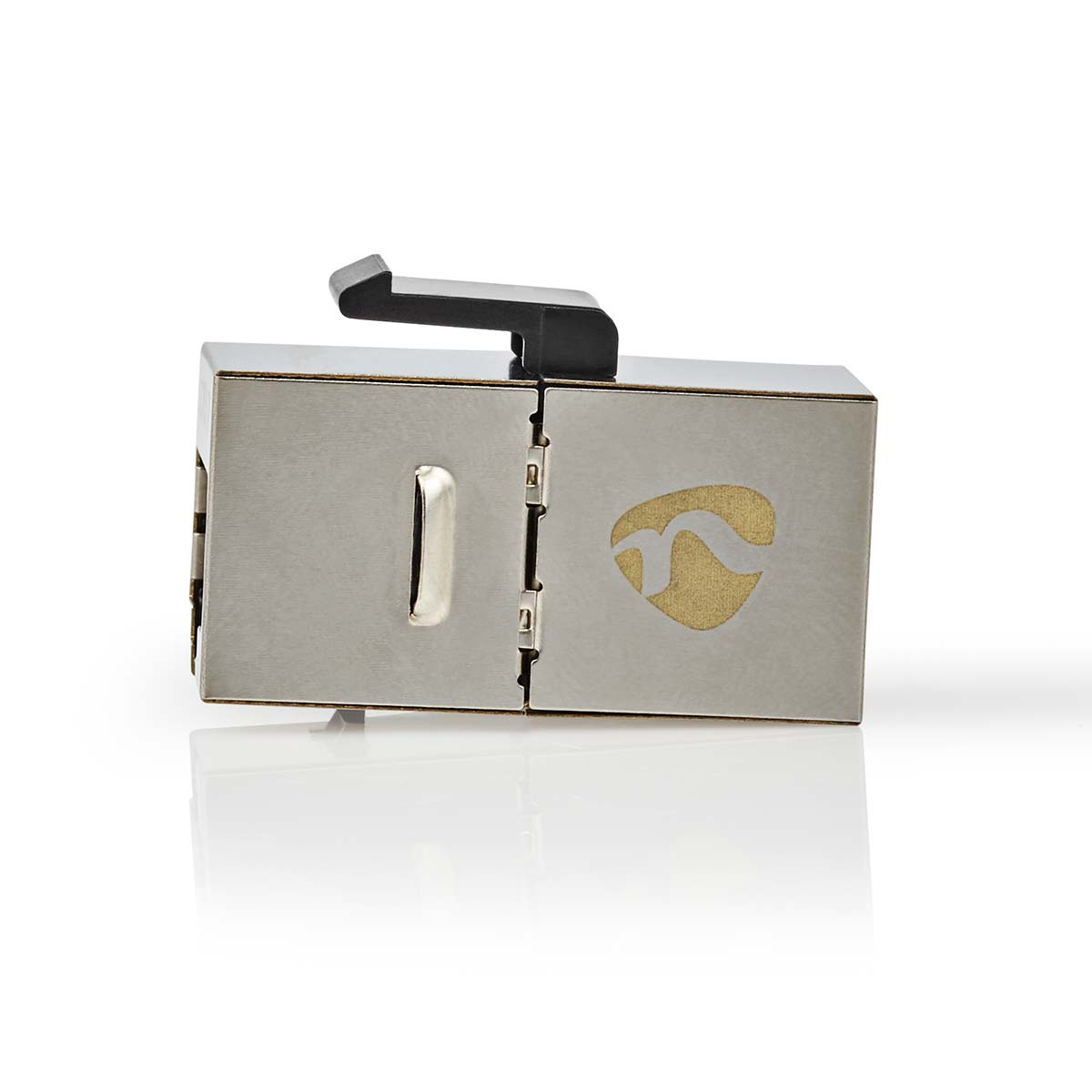 Silver, metallic device with a black handle, and a gold logo, possibly a smoking device.