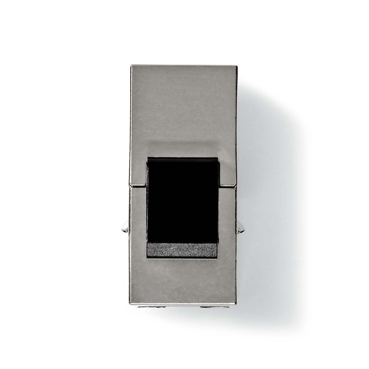 A silver metal USB connector with a black plastic insert, viewed from above against a white background.