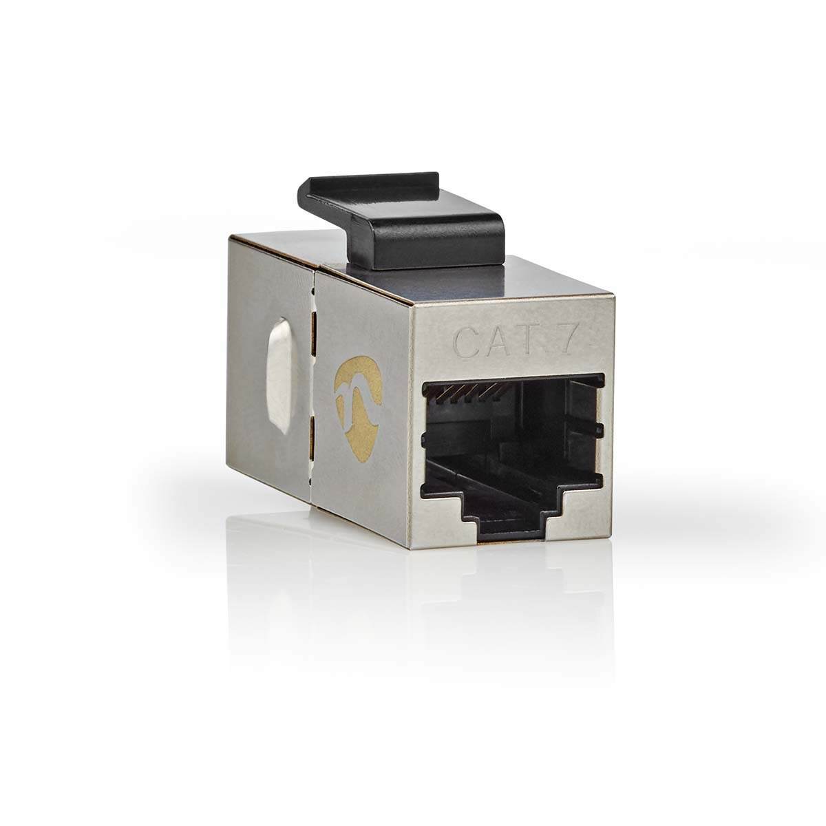 A silver CAT 7 RJ45 connector on a white background. It has a black clip.