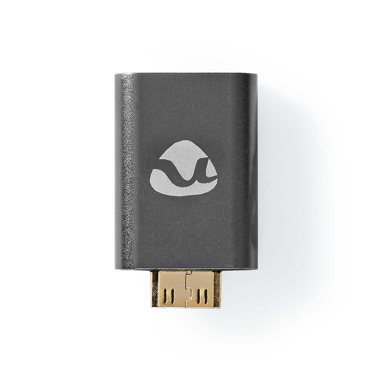 Schwarzer HDMI-Adapter mit Logo. Goldfarbener Stecker. Weißer Hintergrund.
