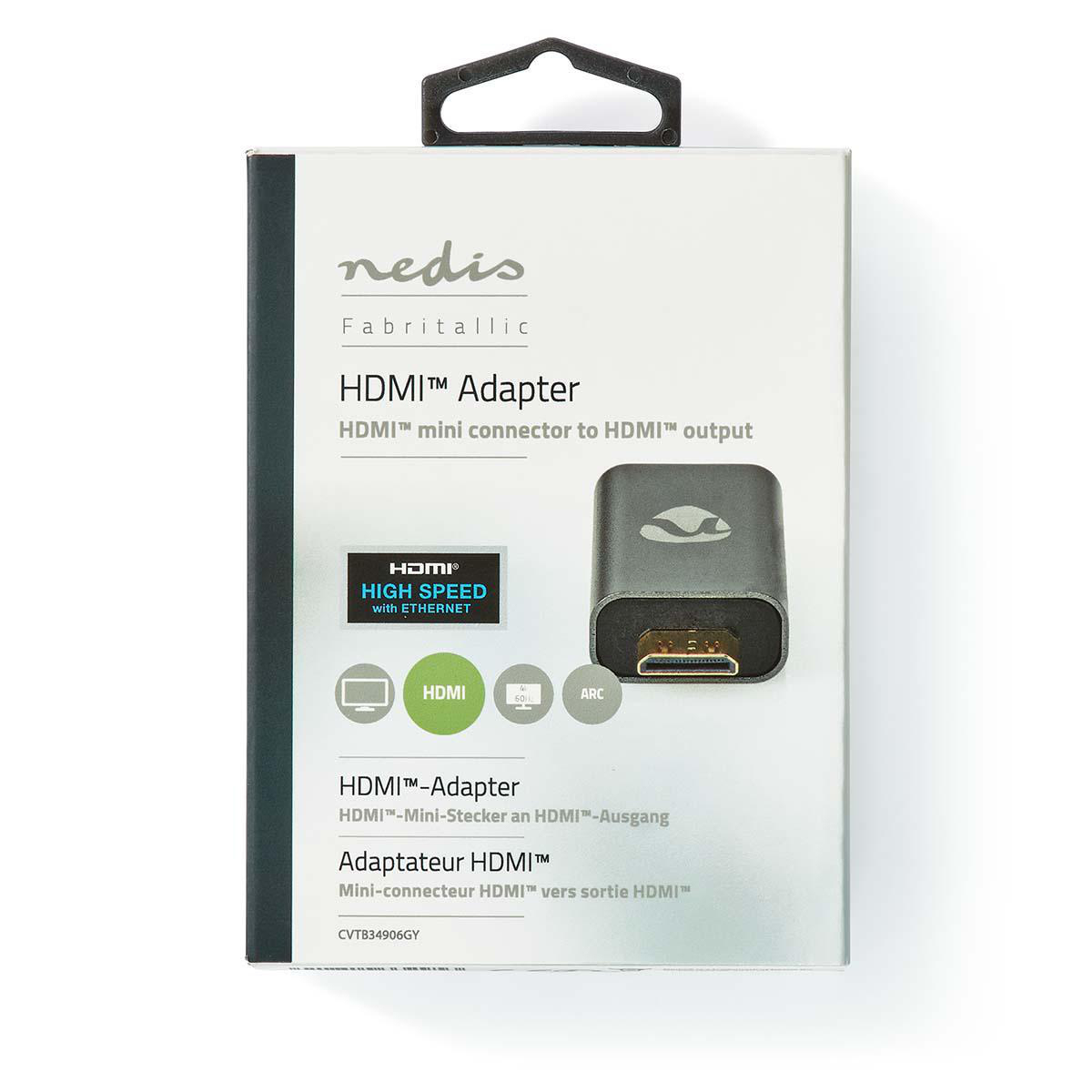 HDMI-Adapterbox. Abgebildeter schwarzer Adapter. Weiße Box mit Text und Logos. Schwarzer Hintergrund.
