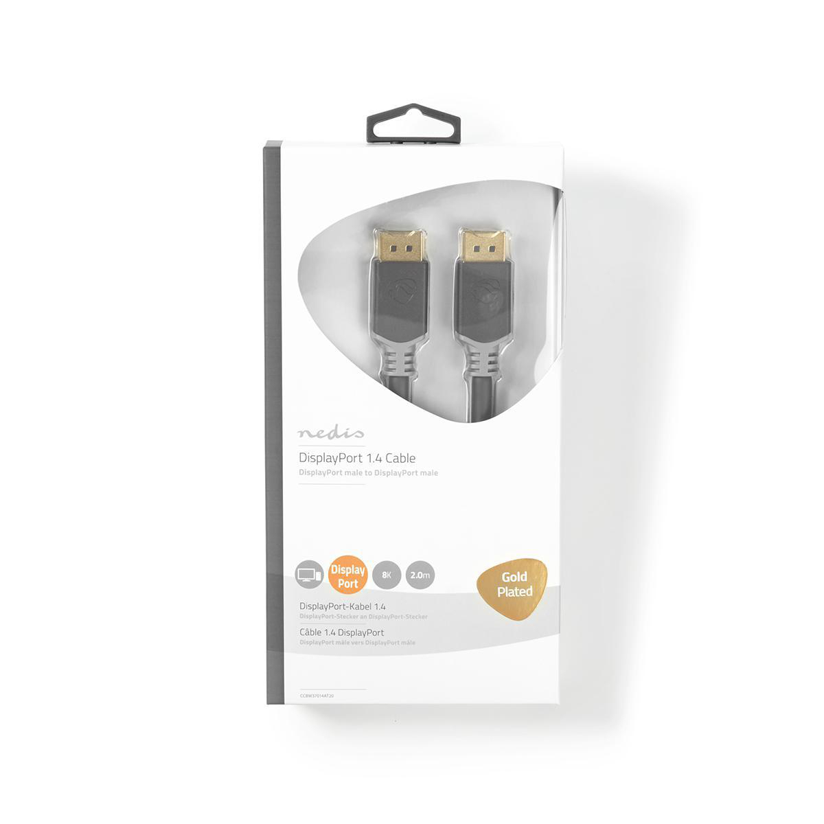 Białe pudełko z kablem DisplayPort, pozłacanym, z czarnymi złączami.