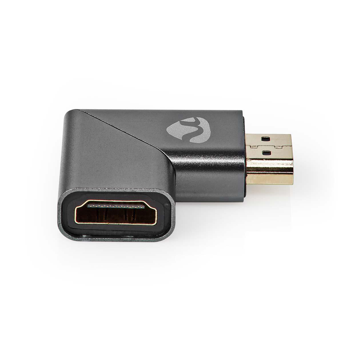 Schwarzer abgewinkelter HDMI-Adapter mit Logo, isoliert auf Weiß.