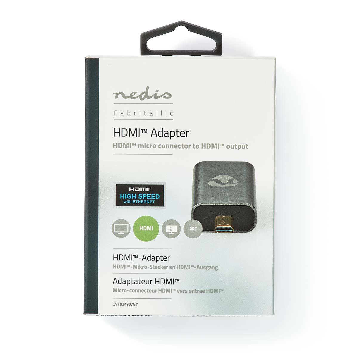 HDMI-Adapter in weißer Box. Der Adapter ist schwarz mit silbernem Anschluss. Die Box hat Text.