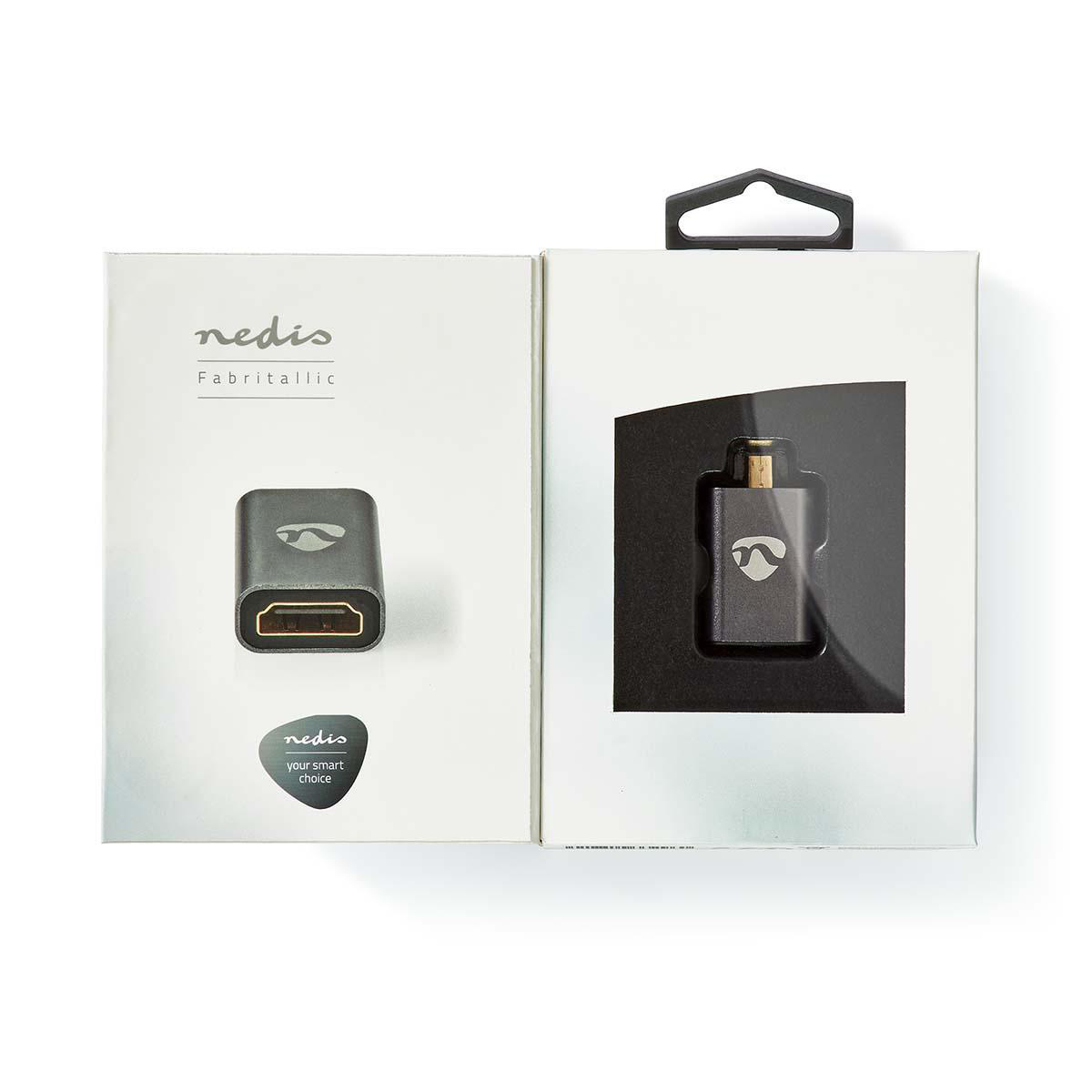 Geöffnete Box mit einem HDMI-Adapter. Der Adapter ist silber und schwarz, mit dem 'nedis'-Logo.