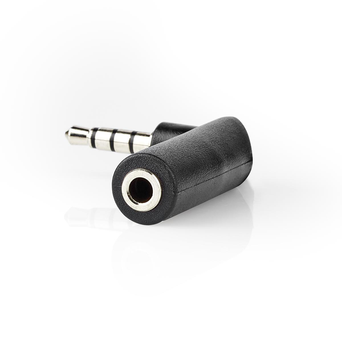 Een zwarte adapter met een 3,5 mm audio jack. De adapter staat op een witte achtergrond. De jack is zilverkleurig.