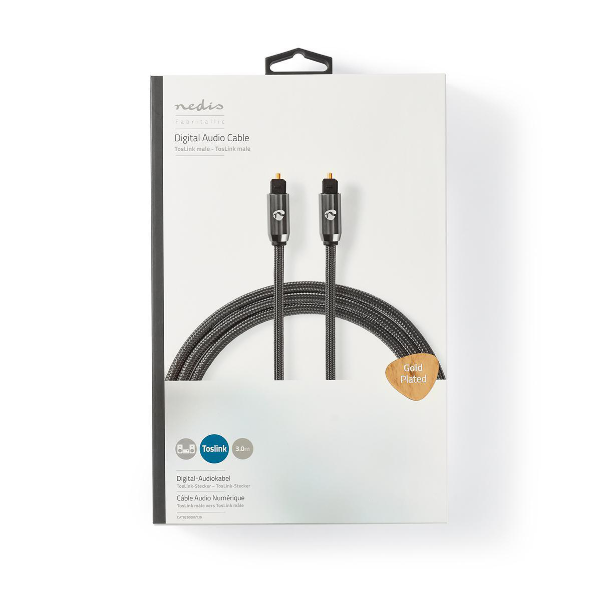 Câble audio numérique dans une boîte, avec connecteurs plaqués or. 'nedis' en haut.