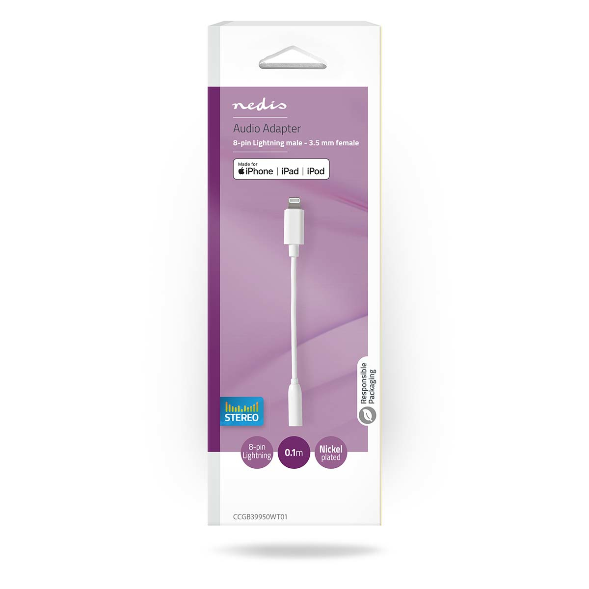 A white and silver audio adapter for iPhone/iPad/iPod, in a white and purple box.