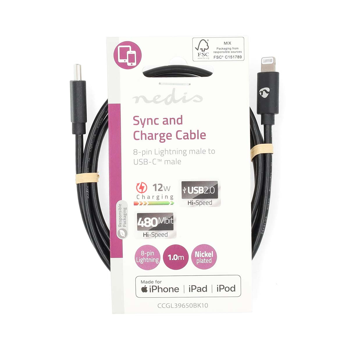 Un câble de synchronisation et de charge noir avec un emballage blanc, avec la marque Nedis.