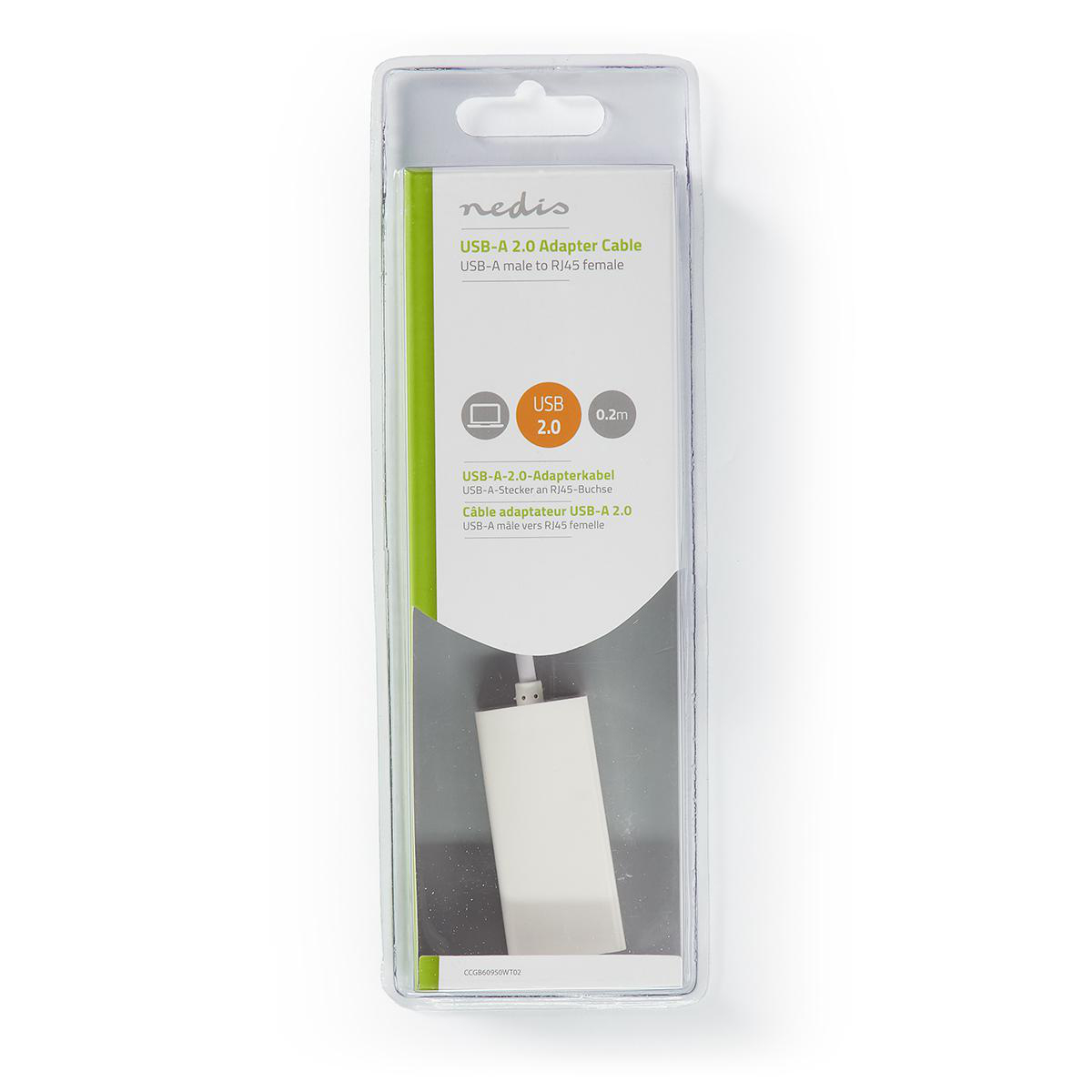 A package for a USB-A 2.0 adapter cable. The package is white with the product information and the cable inside.