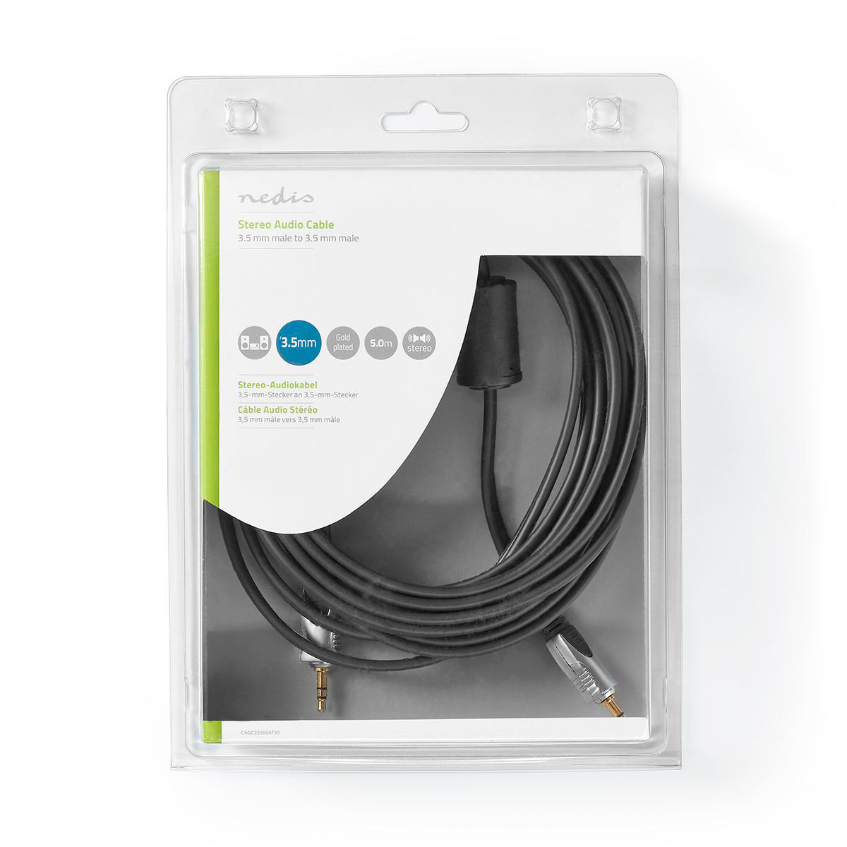 Emballage plastique transparent contenant un câble audio stéréo noir avec connecteurs plaqués or.