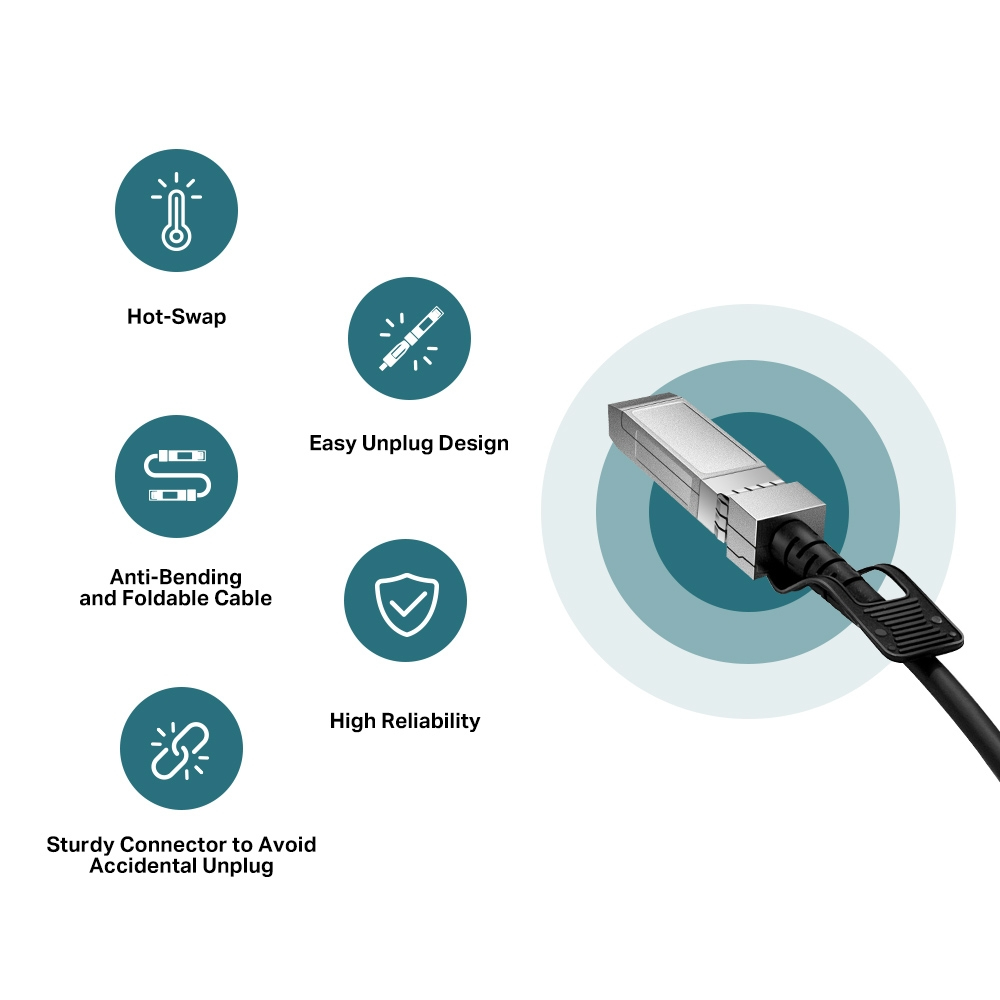 Un connecteur, avec des icônes de fonctionnalités et un câble noir, sur un fond bleu clair.