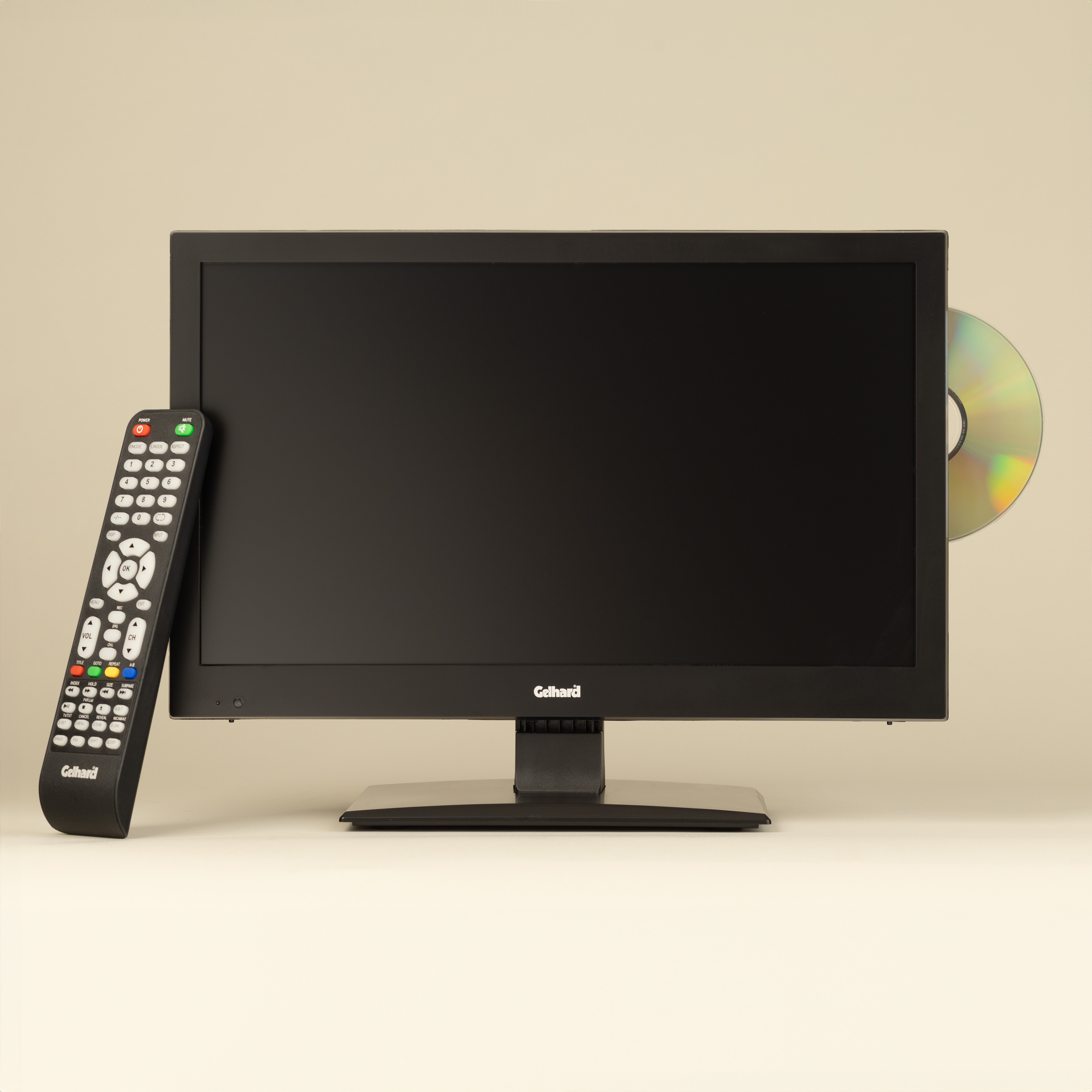 Schwarzer Fernseher mit DVD an der Seite und Fernbedienung. Der TV steht auf beigem Grund.