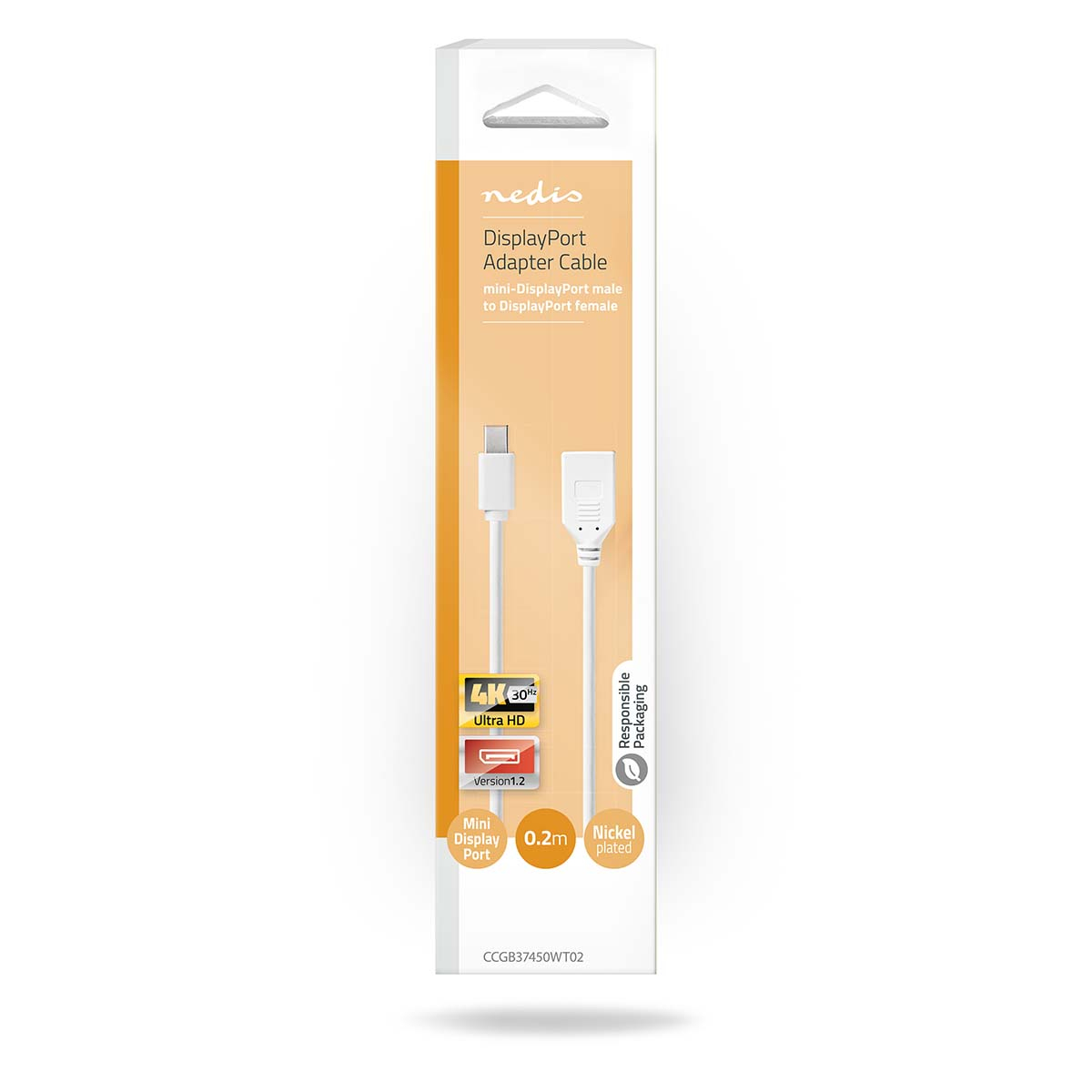 Een witte DisplayPort adapterkabel, verpakt in een witte doos, met een witte achtergrond.