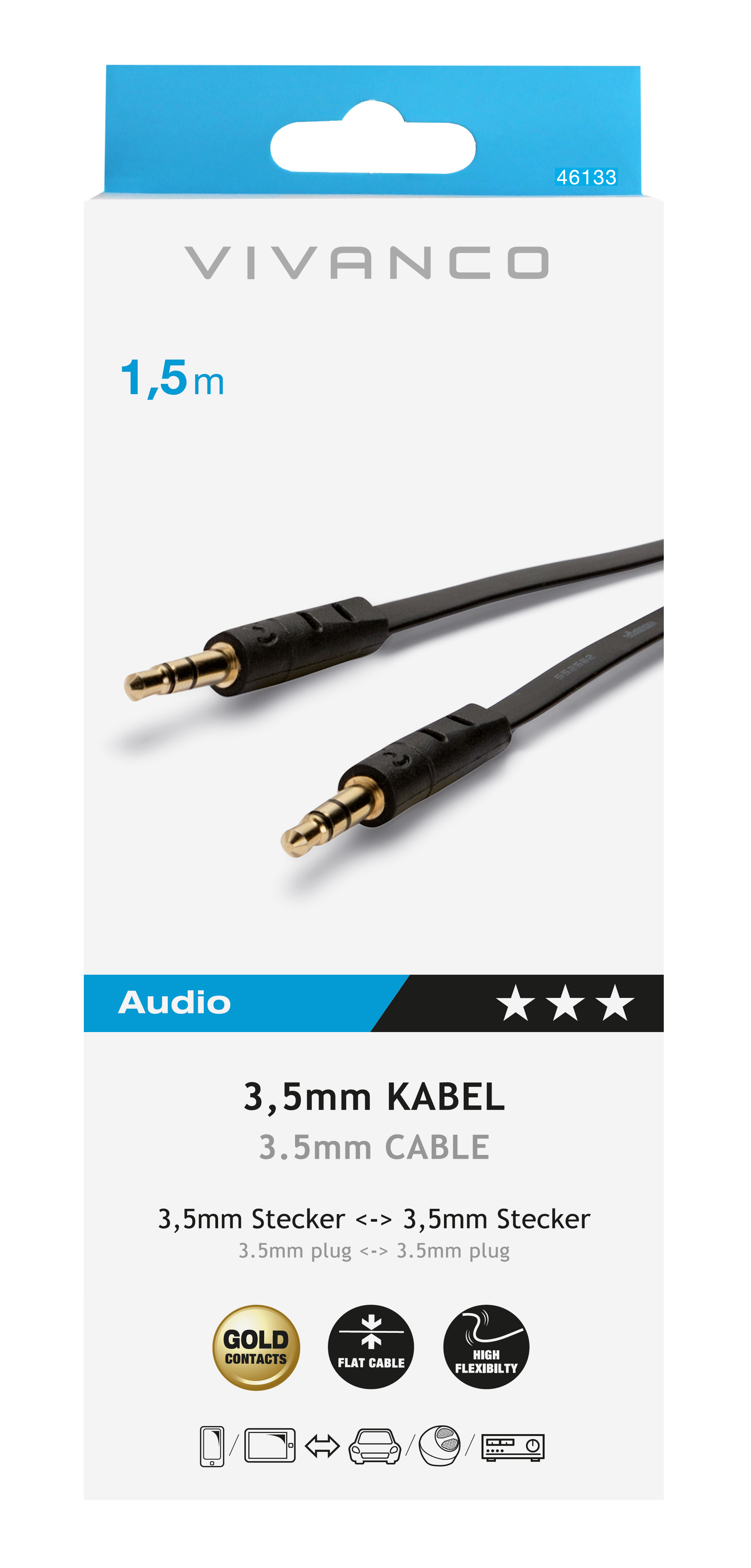Audio-Kabelverpackung. Schwarzes Kabel mit goldenen Steckern. Weißer Hintergrund.