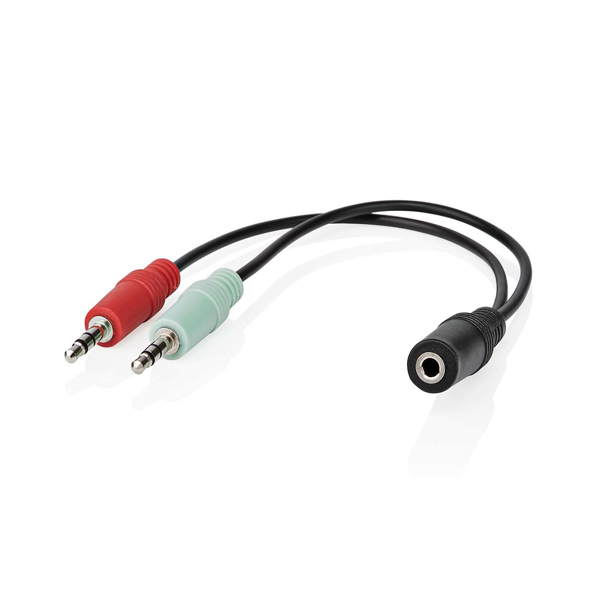 Sdoppiatore audio con connettori rosso e verde e presa femmina nera.