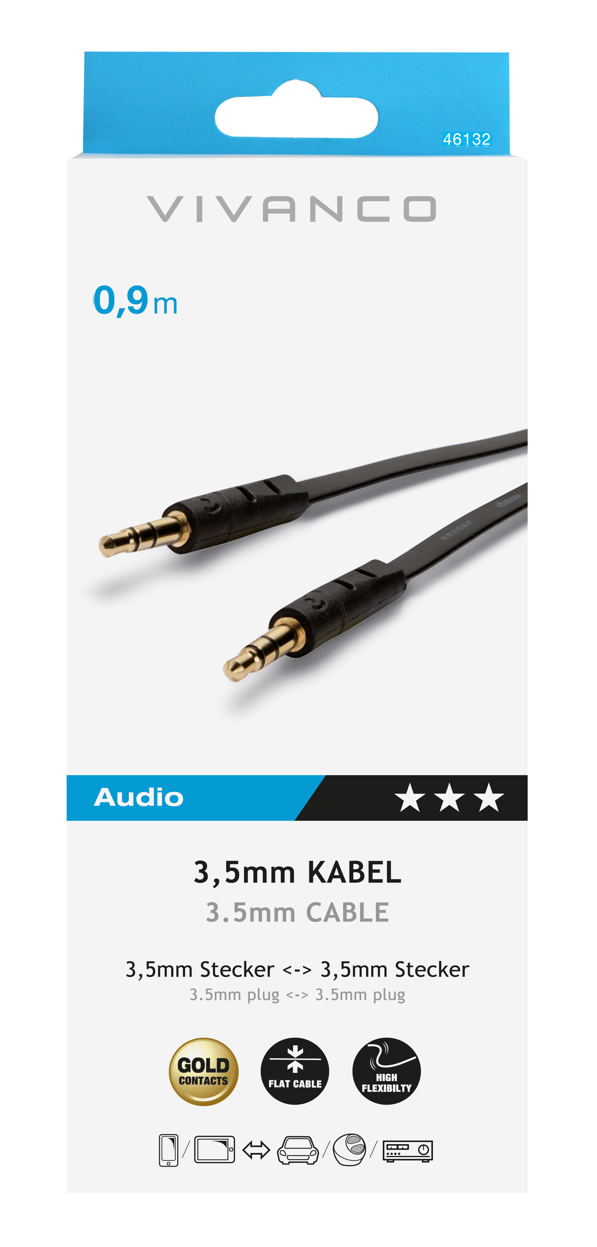 Audio-Kabelverpackung: Schwarzes Kabel mit Goldsteckern und weiß-blauer Box.