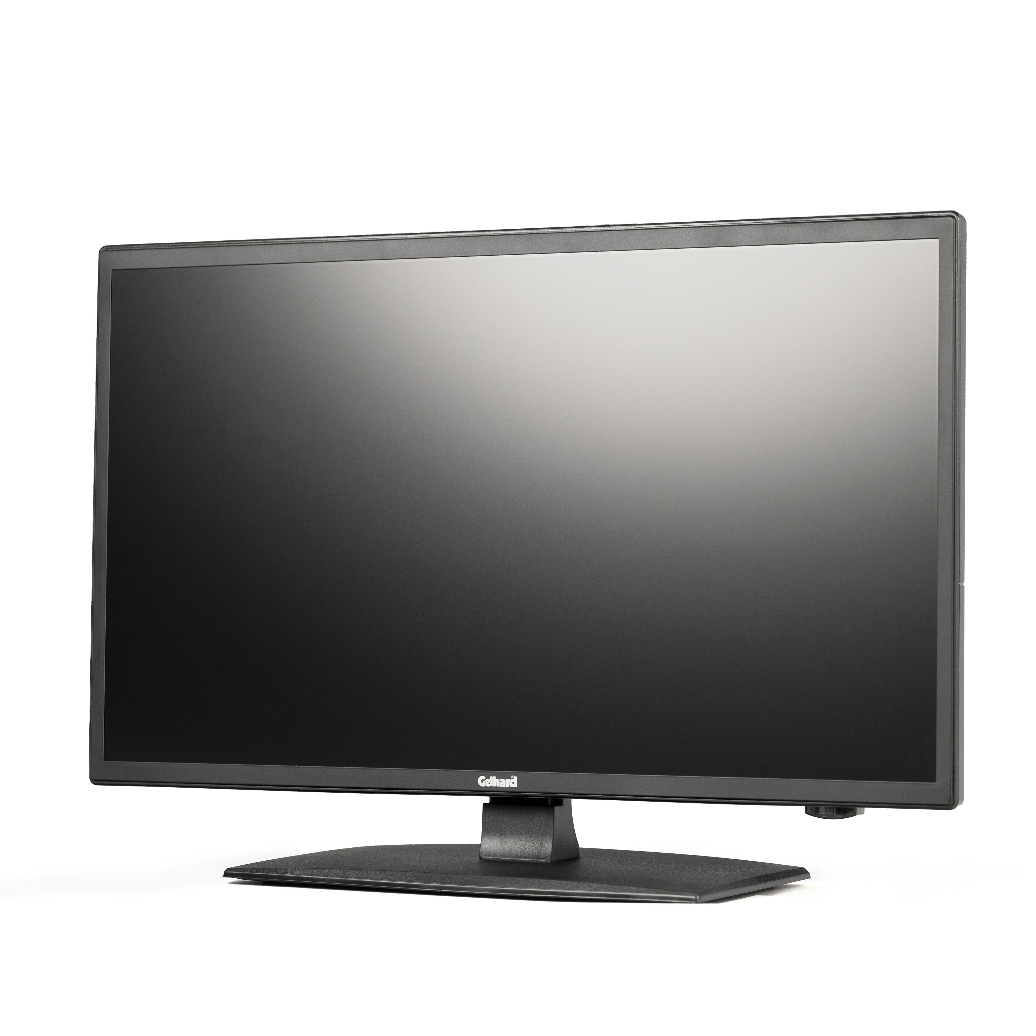 Ein schwarzer Computermonitor. Er hat einen dünnen Rahmen und steht auf einem schwarzen Ständer. Es ist ein Produkt von Gallard.