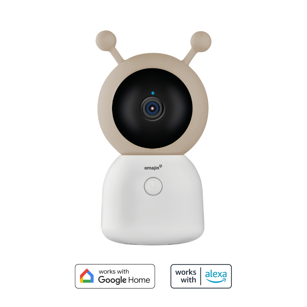 Telecamera baby monitor. Bianca e beige, con lente circolare e due antenne.