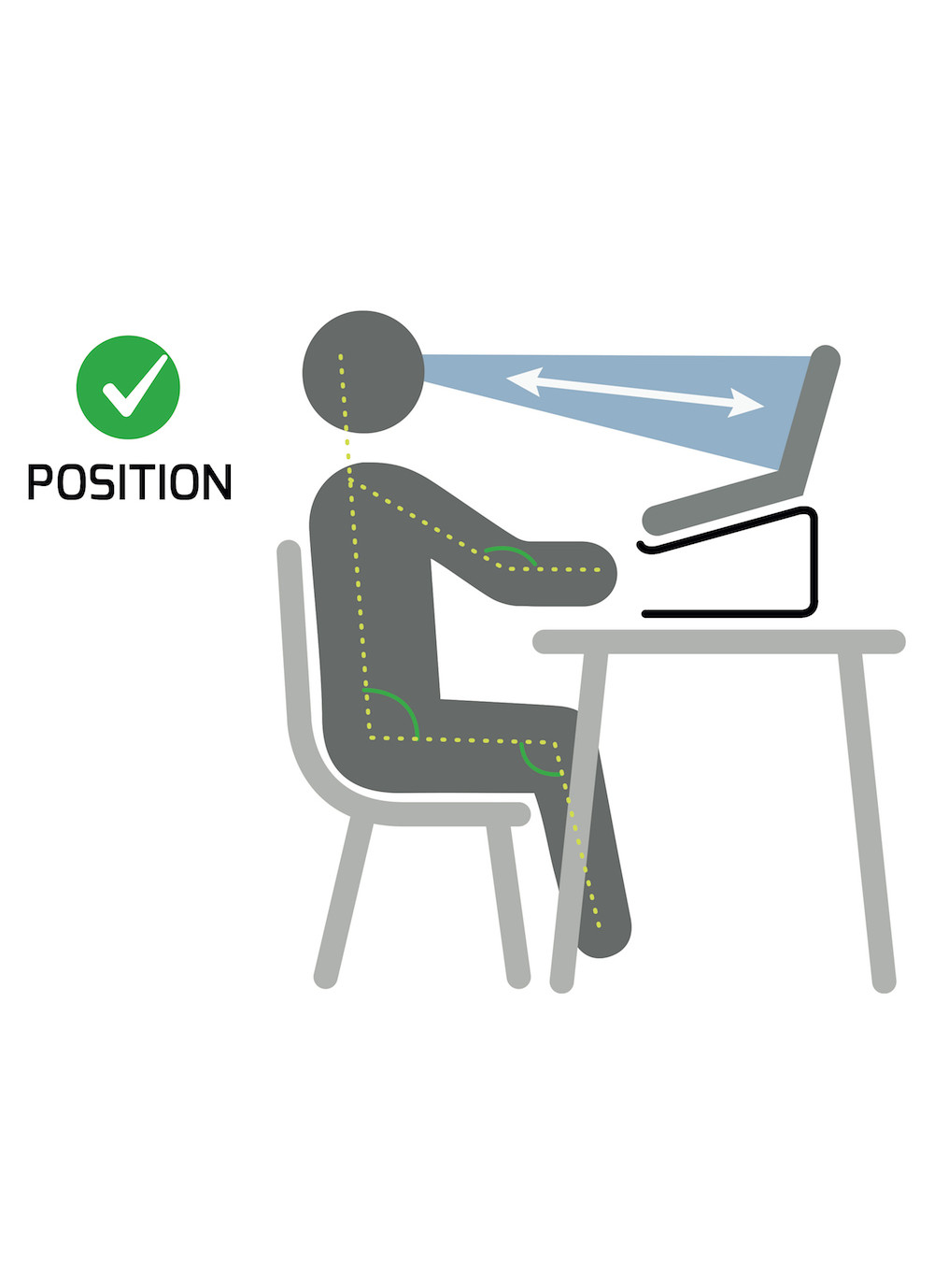 Ilustracja poprawnej postawy podczas pracy na laptopie na podstawce.