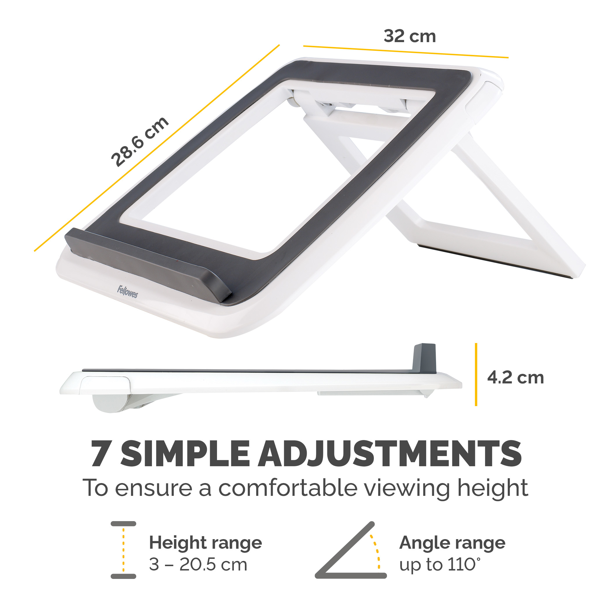 Biało-szary stojak na laptopa z wymiarami i szczegółami regulacji.