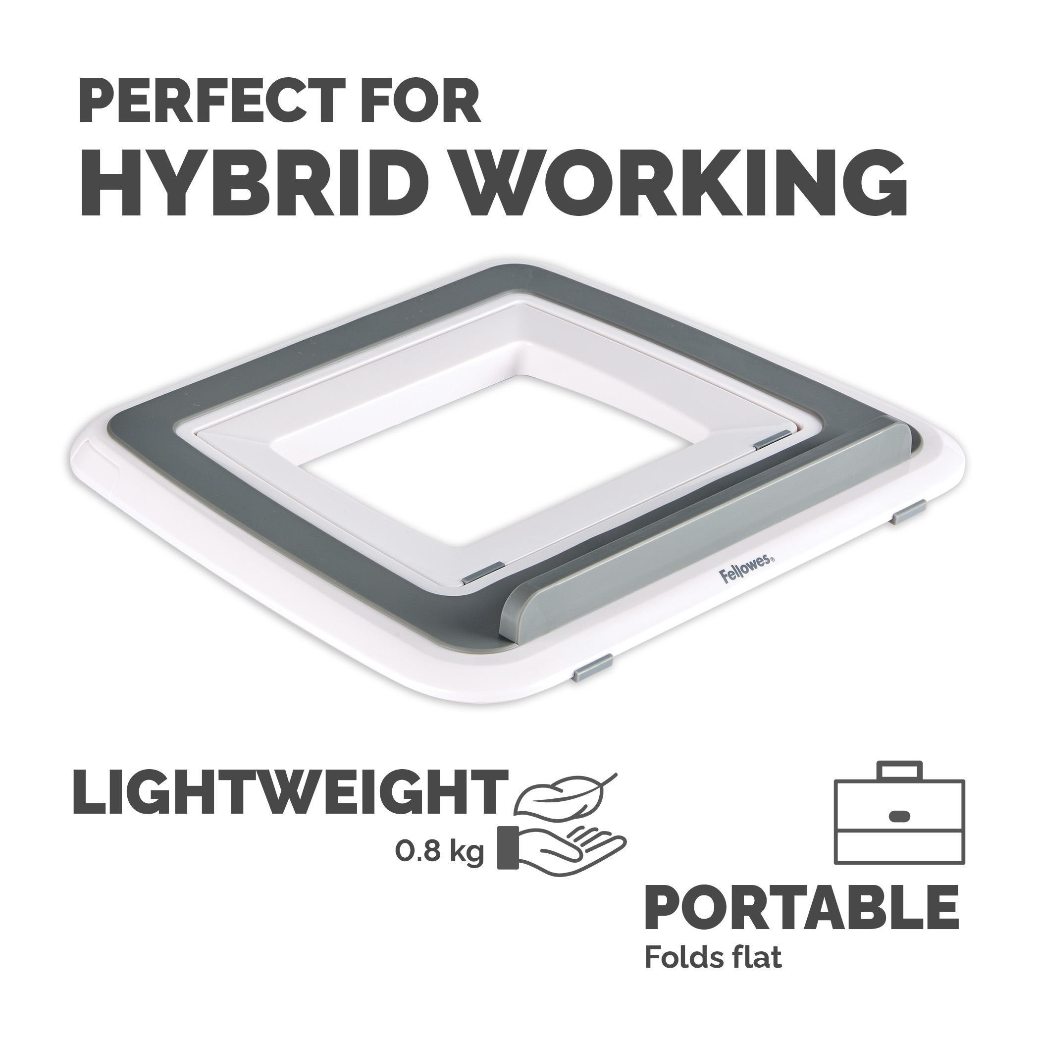 Pokazano białe i szare przenośne składane biurko. Biurko jest lekkie i składa się na płasko. Jest ikona teczki.