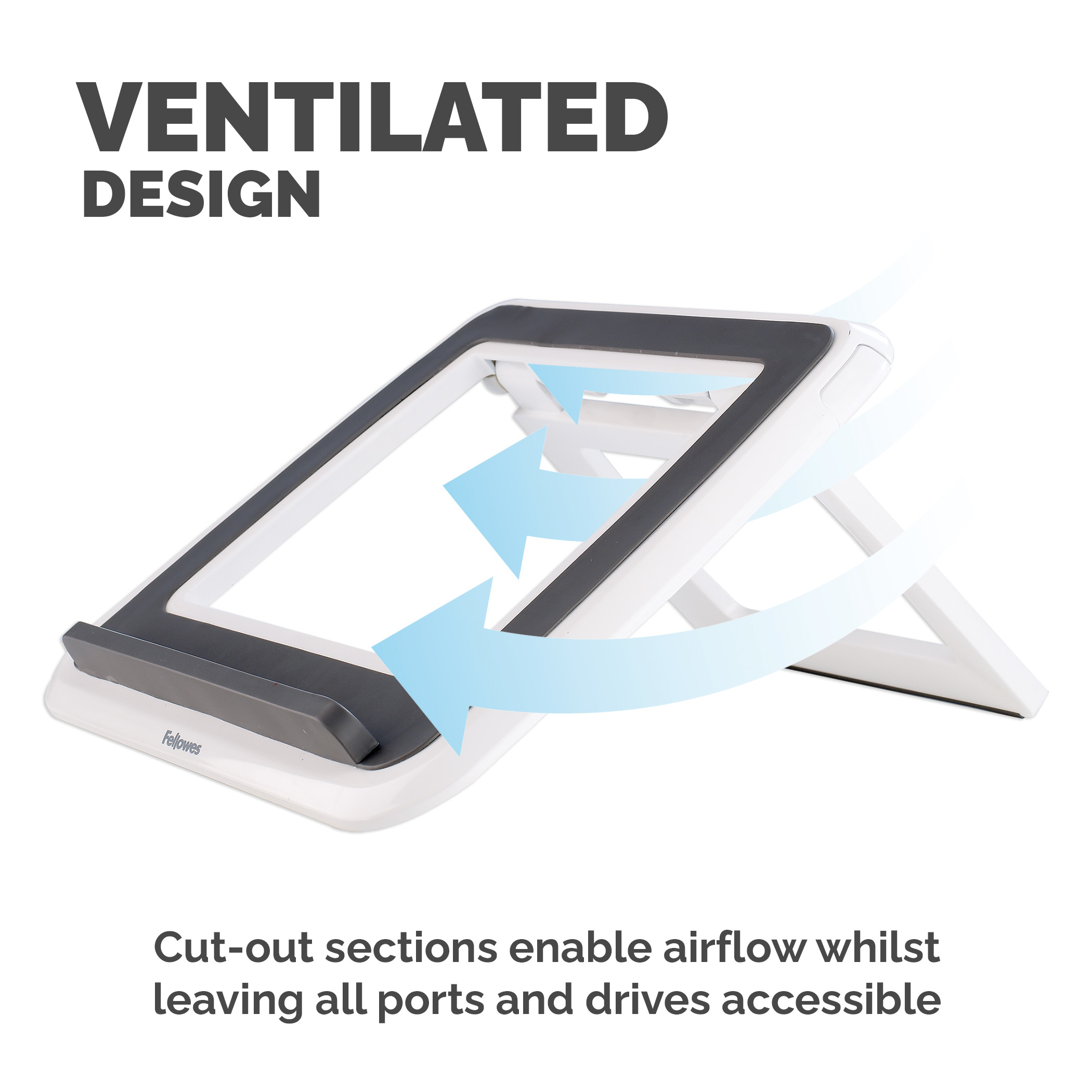 Biała podstawka na laptopa z przepływem powietrza. Szare akcenty i tekst na białym tle.